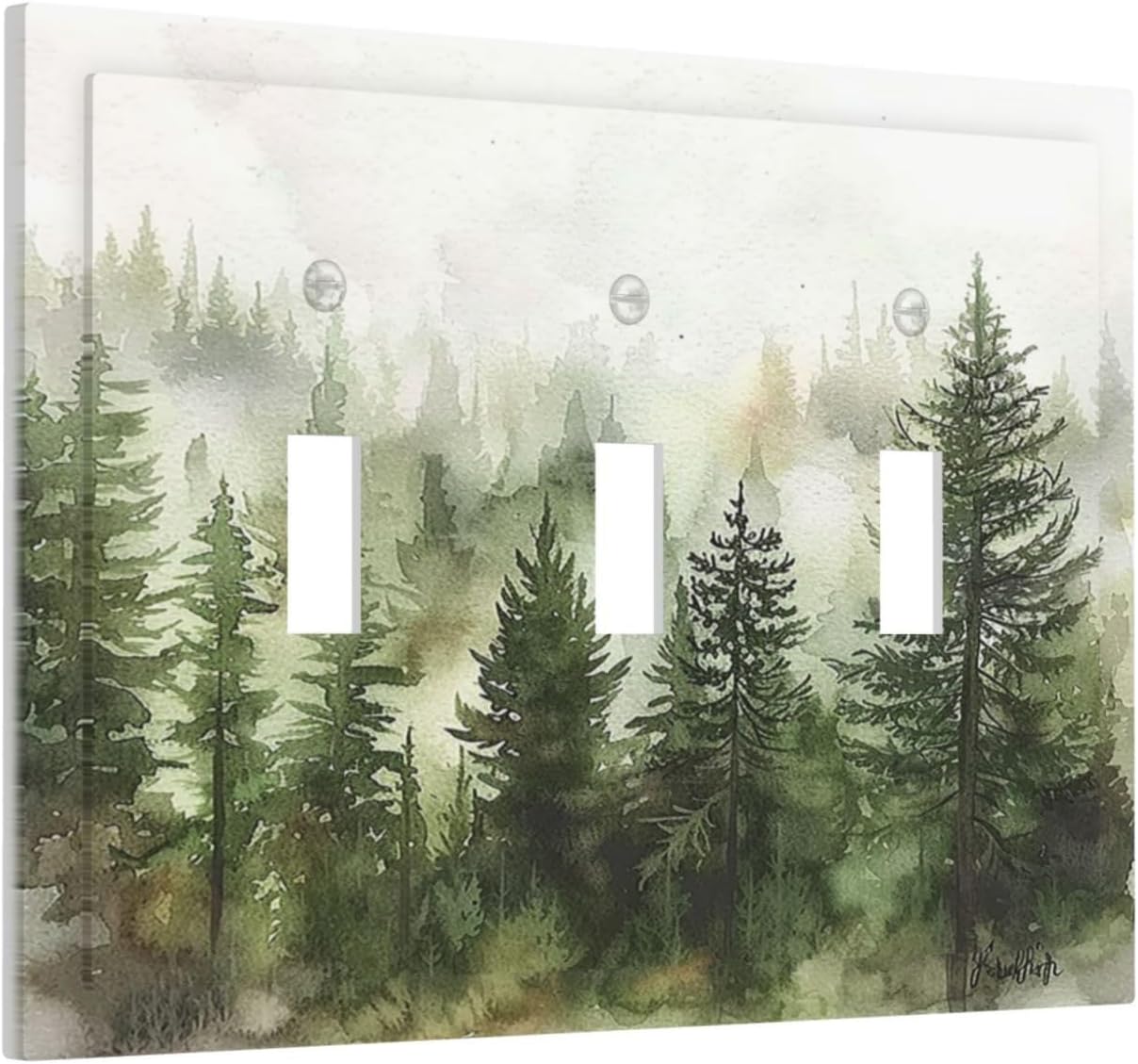Decorative Switch Plates Green Forest Watercolor Painting Foggy Pine 3 Gang Wall Plate Triple Toggle Light Switch Cover Faceplate Electrical Wall Panels for Bedroom living Room Decor
