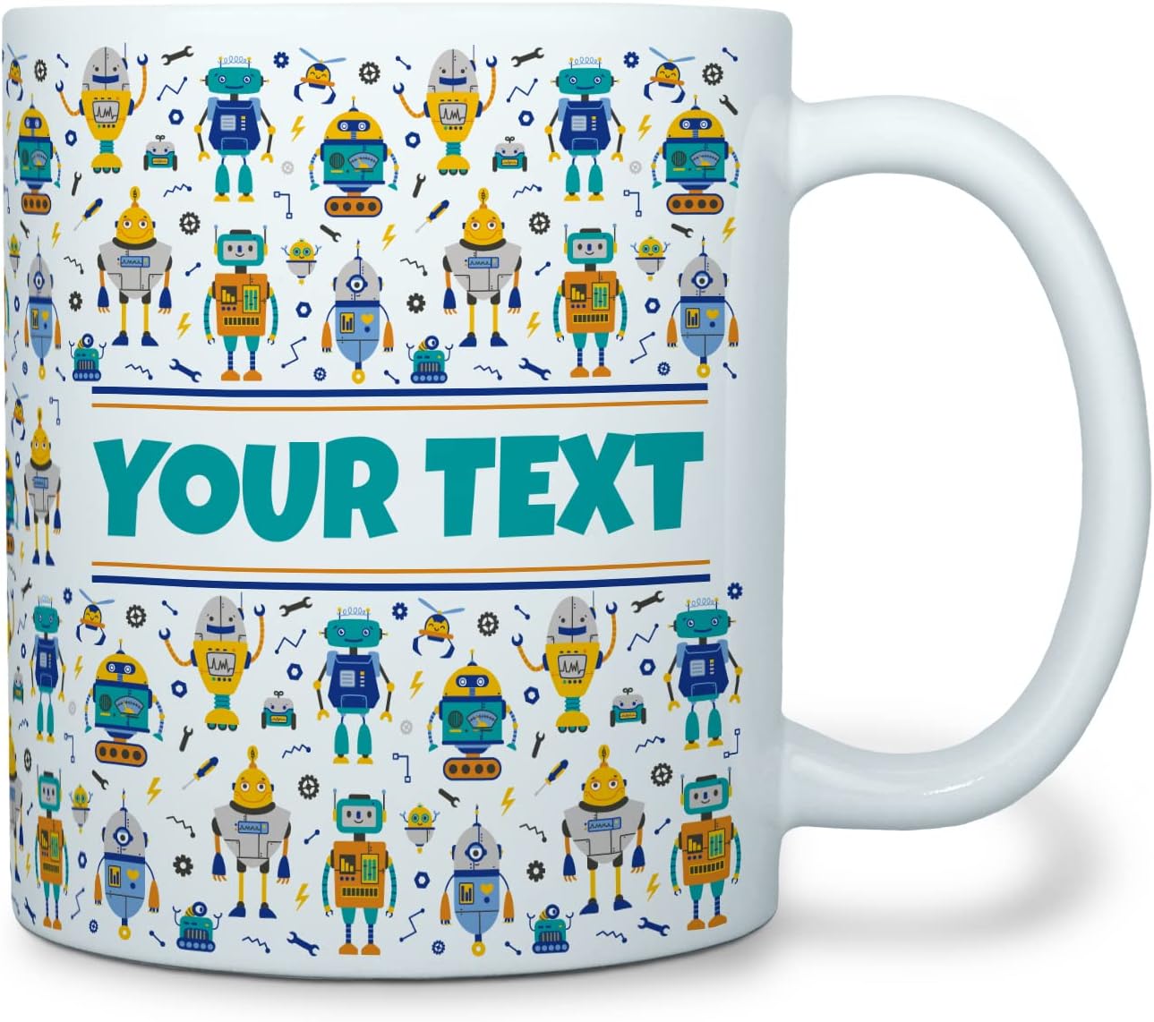 Personalized Mug for Kids - Robots - Custom Name/Text, Ceramic Hot Chocolate/Cocoa/Coffee Cup for Boys, Birthday/Christmas/Holiday Gift - 11 oz, White Handle