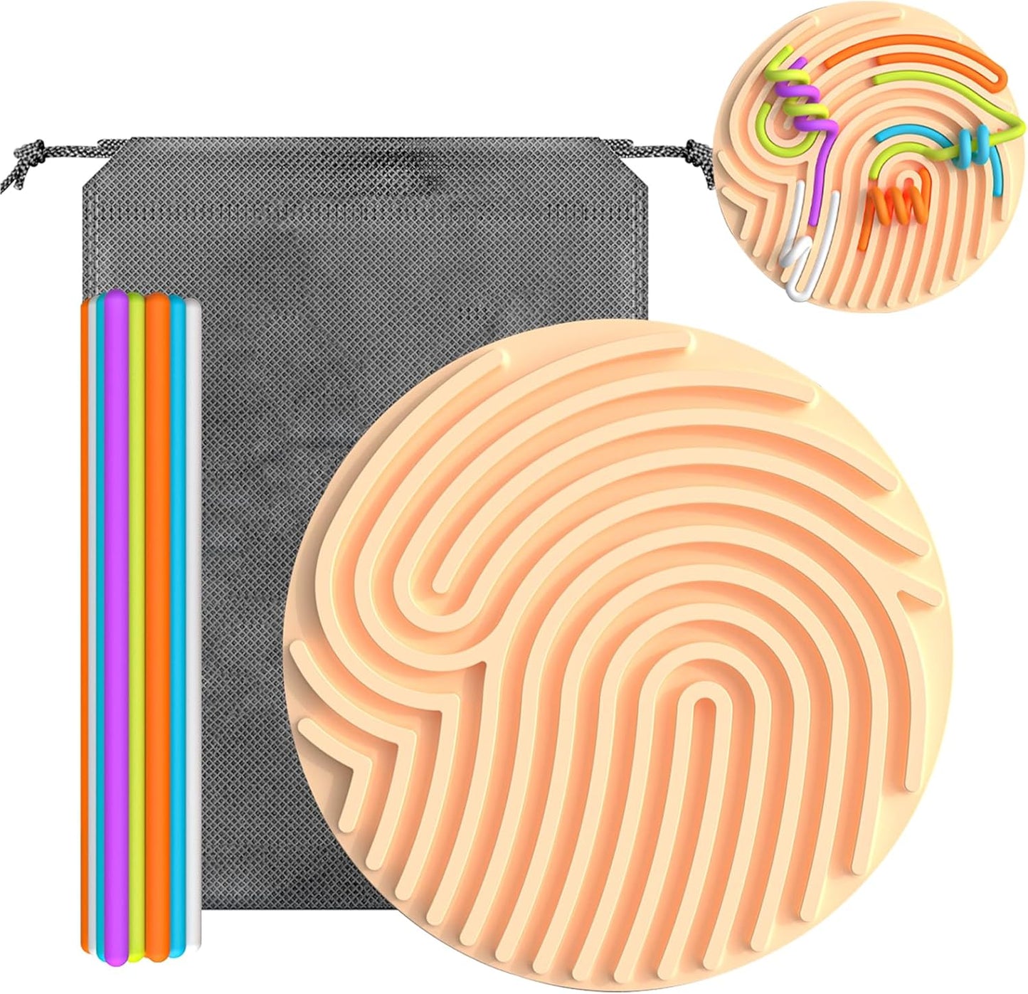 Sensory Activity Board Silicone Fidget Toys with Travel Bag and 13 Strings for Adults Kids Anxiety Relief Stress, ADHD & Autism (Beige, 6.6in)