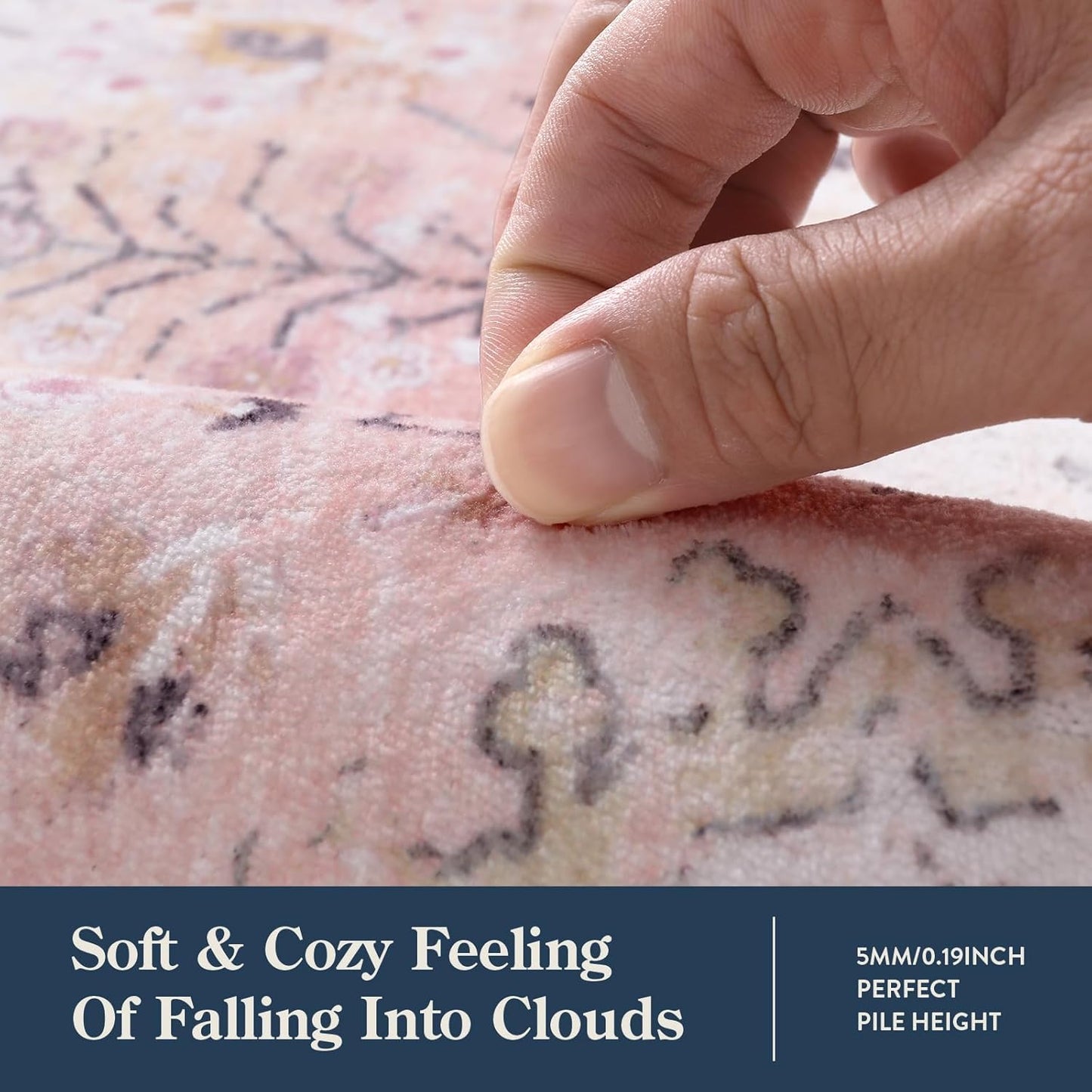 Lahome Pink Boho Area Rug, 8x10 Washable Rugs for Bedroom Girls Living Room, Soft Blush Floral Non Slip Pastel Thin Floor Carpet for Classroom Playroom Home Decor