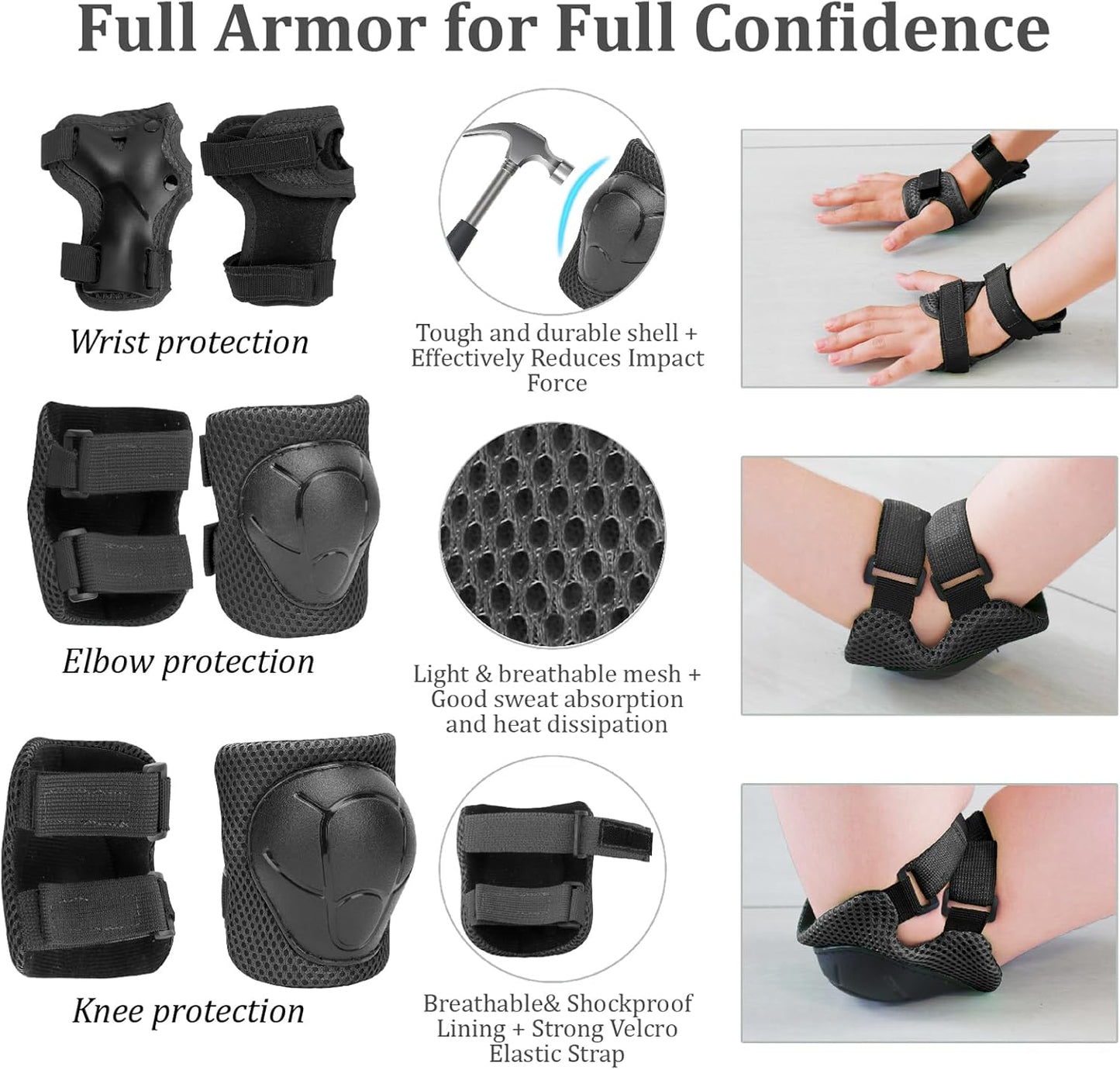 KAMUGO Kids Adjustable Helmet, with Sports Protective Gear Set Knee Elbow Wrist Pads for Toddler Age 2-8 Boys Girls, Bike Skateboard Hoverboard Scooter Rollerblading Helmet Set