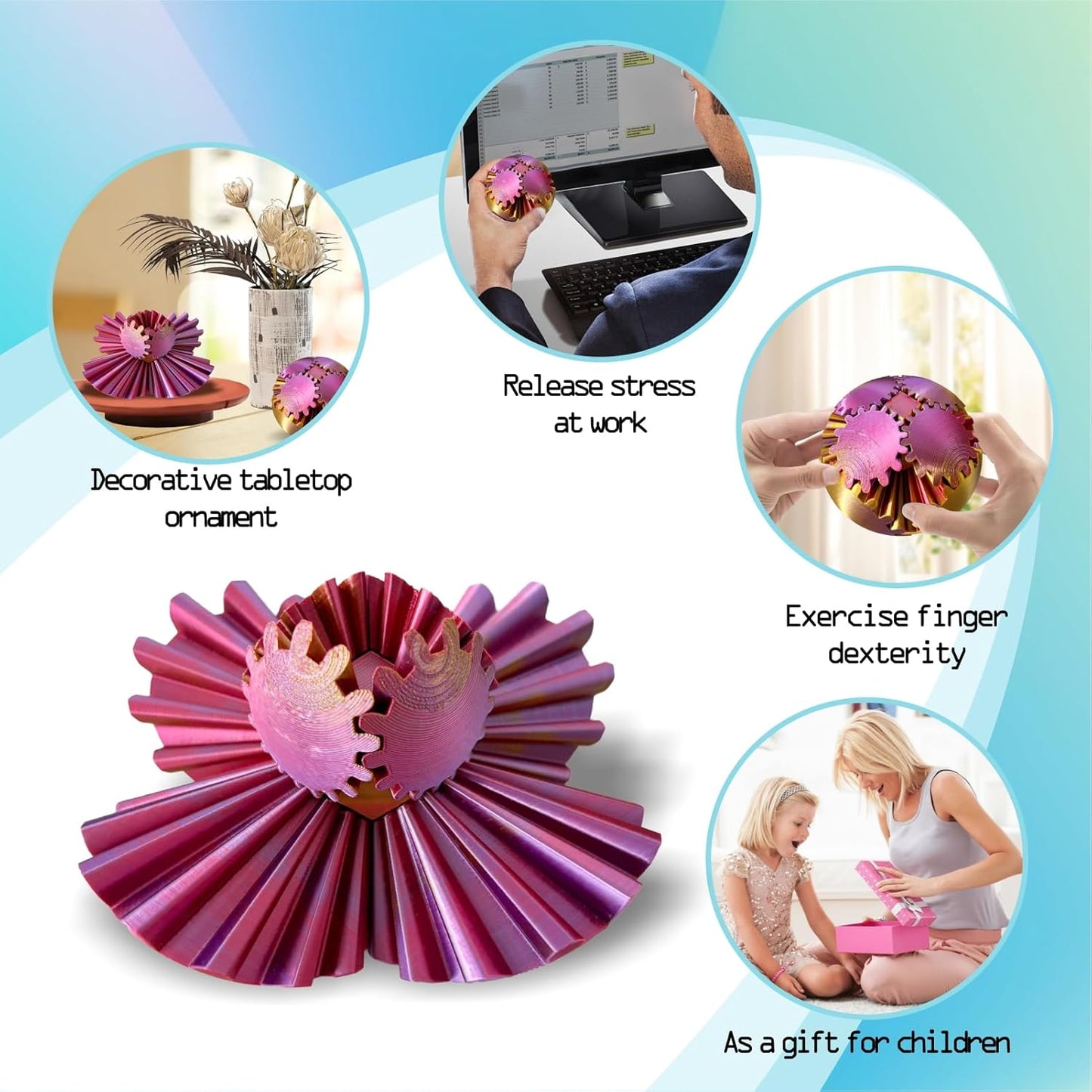 Gear Ball - GearSphere Fidget Toy, 3D Printed Gear Ball Spin Ball Cube Desk Toy, 2024 Gear Sphere Cube Puzzlefor Adults Kids, Stress and Anxiety Relaxing Fidget Toy (Red-Gold-Purple)
