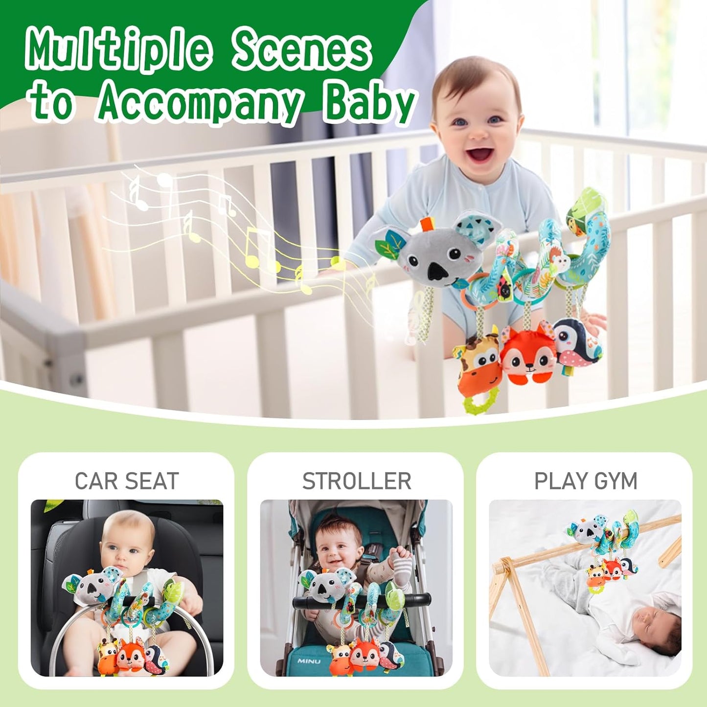 Jollybaby Crib Stroller Car Seat Toys for Baby 0-3-6-9-12 Months, Tummy Time Hanging Sensory Toys for Newborn with Music Box and Teether, Spiral Carseat Toy for Infant Boys Girls Gifts (Grey)