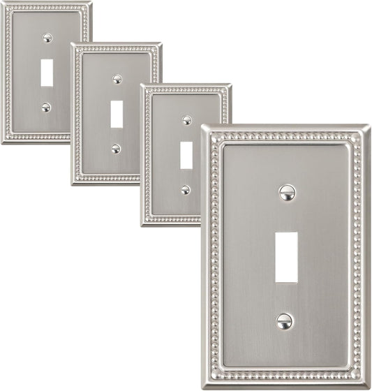 4-Pack Single Toggle Light Switch Cover Plate, Pearls Decorative Switch Plate Covers, Brushed Nickel 1 Gang Metal Wall Plate