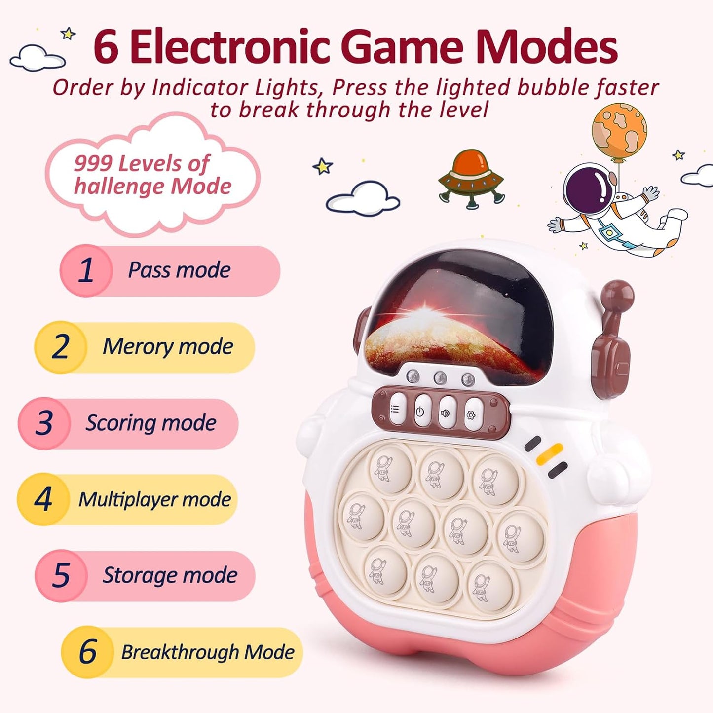 Quick Push Game Fidget Toys for Kids Adults, Handheld Puzzle Game Sensory Toys, Fast Push Bubble Game, Xmas Birthday Gifts for Boys Girls (Astronaut - Pink)