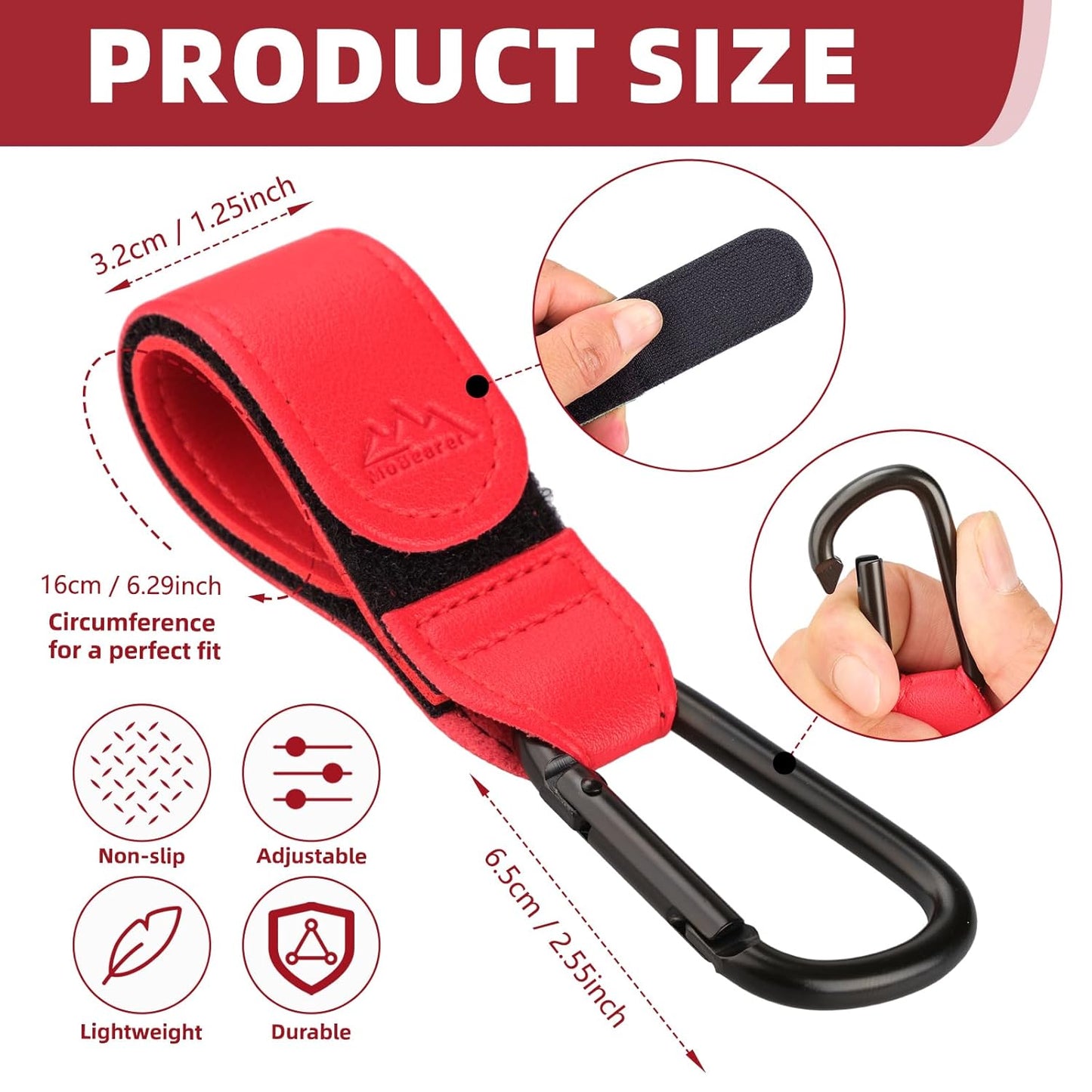 Baby Stroller Hooks Bag Hooks for Hanging Diaper Bags Multipurpose Hooks for Grocery Shopping Bags Premium Vegan Leather Pram Straps 2 Pcs (red)