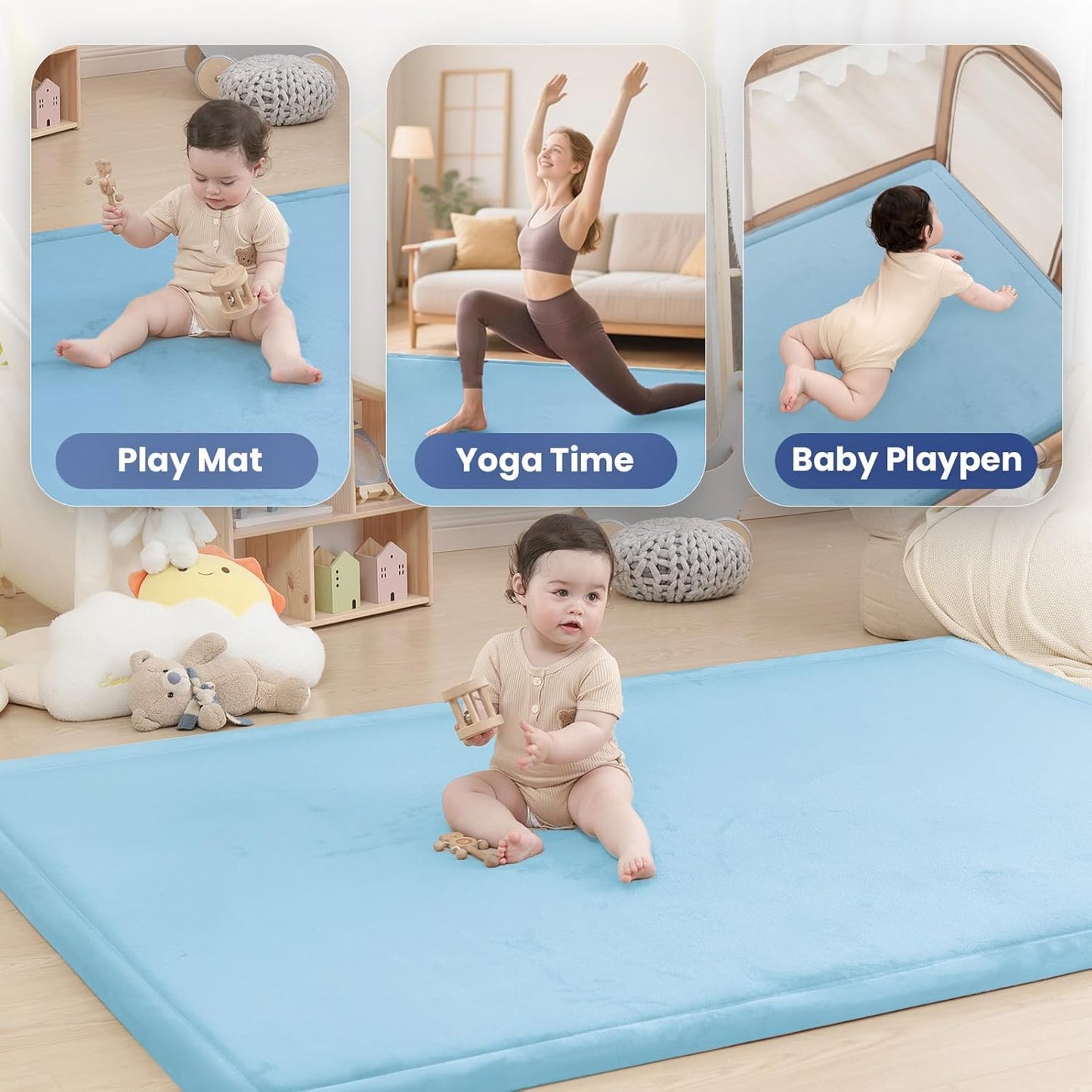 Baby Play Mat for Floor,1.3" Thick Elasti-Foam 50x50 Playpen Mat for Toddlers Infant kids,Water-Repellent Soft Coral Velvet for Tummy Time,Non-Slip Backing for Crawling,Tatami Style(Light Blue)