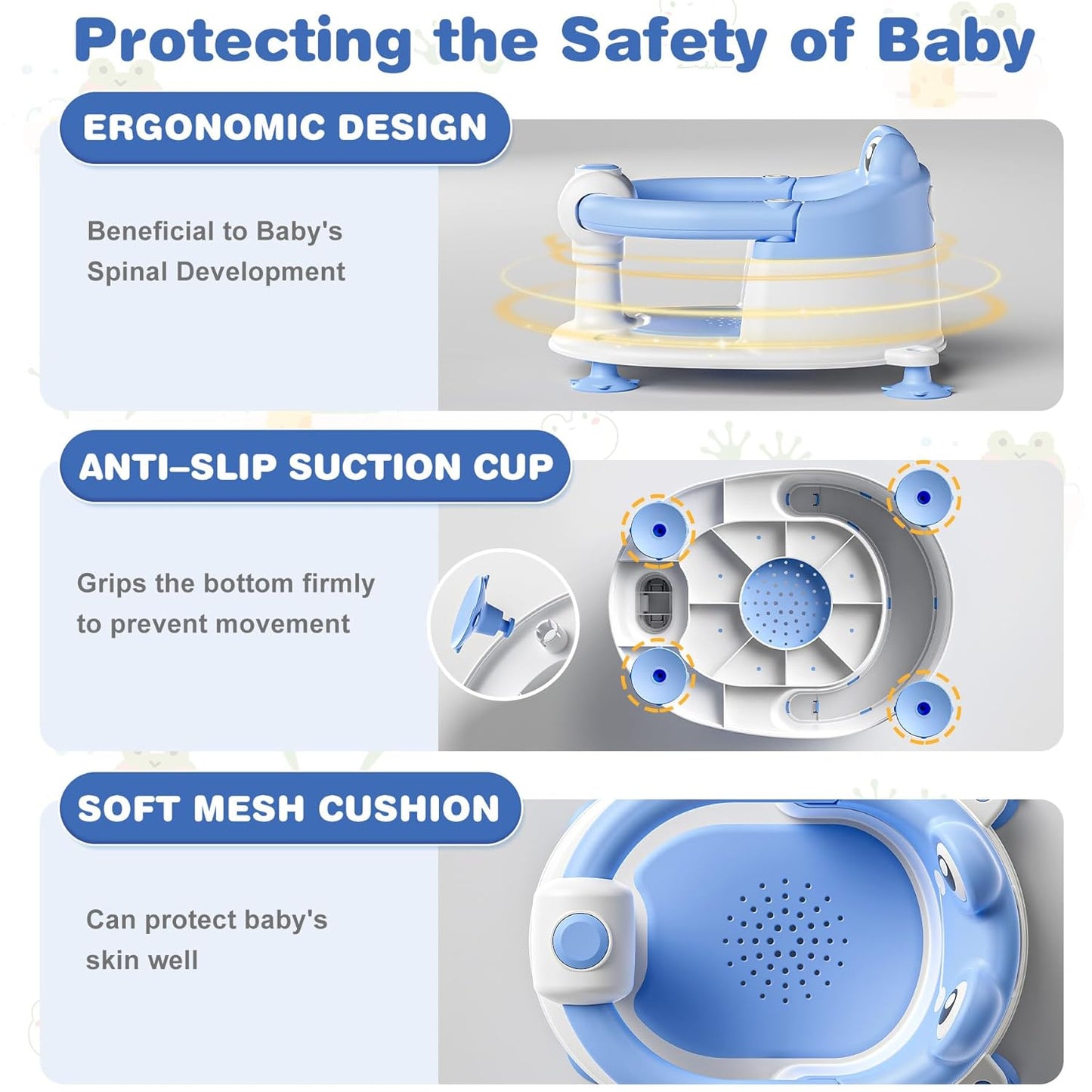 Baby Bath Seat for Babies 6 Months & up Non-Slip Toddler Bath Seats for Sitting Up Infant Bathtub Chair with Suction Cups and Soft Cushion for Baby Shower Tub Seat