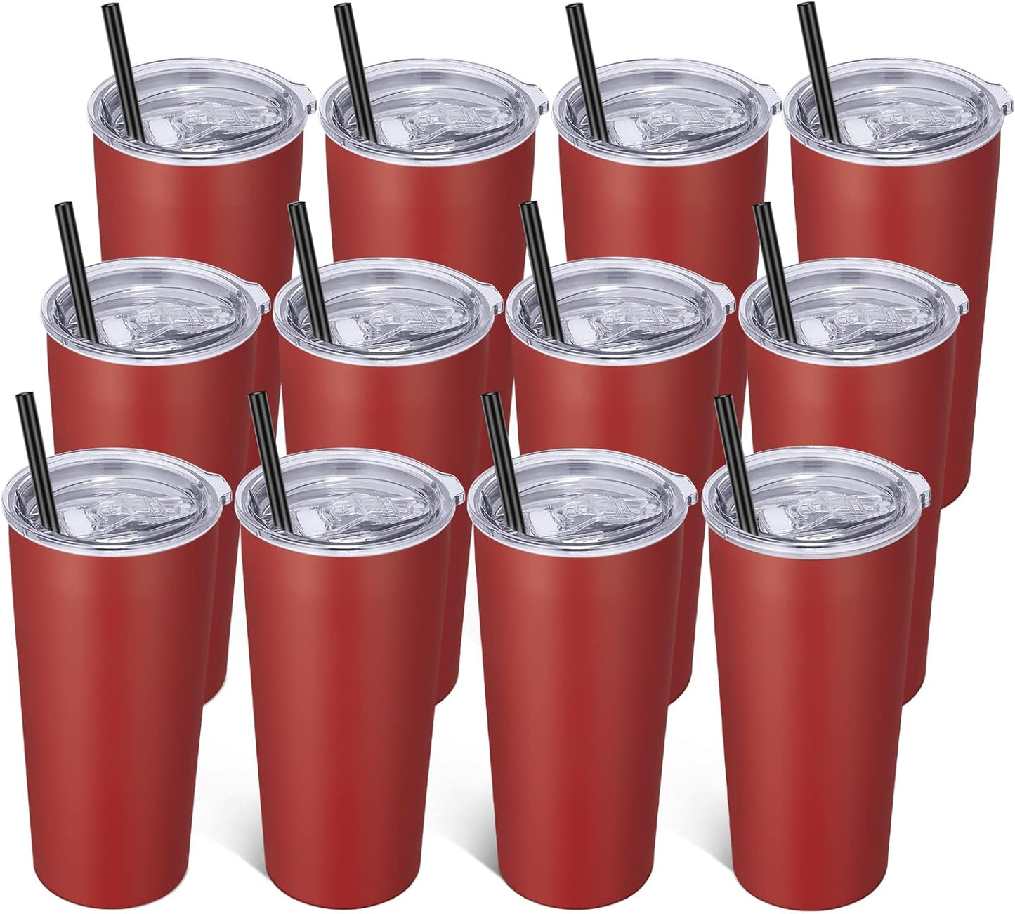 VEGOND 20oz Tumbler Bulk with Lid and Straw 12 Pack, Stainless Steel Vacuum Insulated Tumbler, Double Wall Coffee Cup Travel Mug, Red