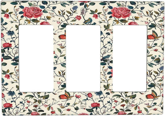 Light Switch Covers Vintage Flowers Rose Leaf Bird Butterfly 3 Gang Rocker Electrical GFCI Decorative Triple Outlet Wall Plate Cover Switchplate for Bedroom living Room Decor