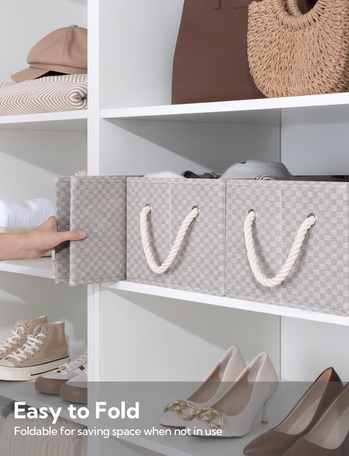 StorageWorks Storage Baskets for Shelves, Foldable Fabric Closet Storage Bins with Handles, Fabric Storage Bins Clothes Organizer, Khaki Check, 3-Pack, Large