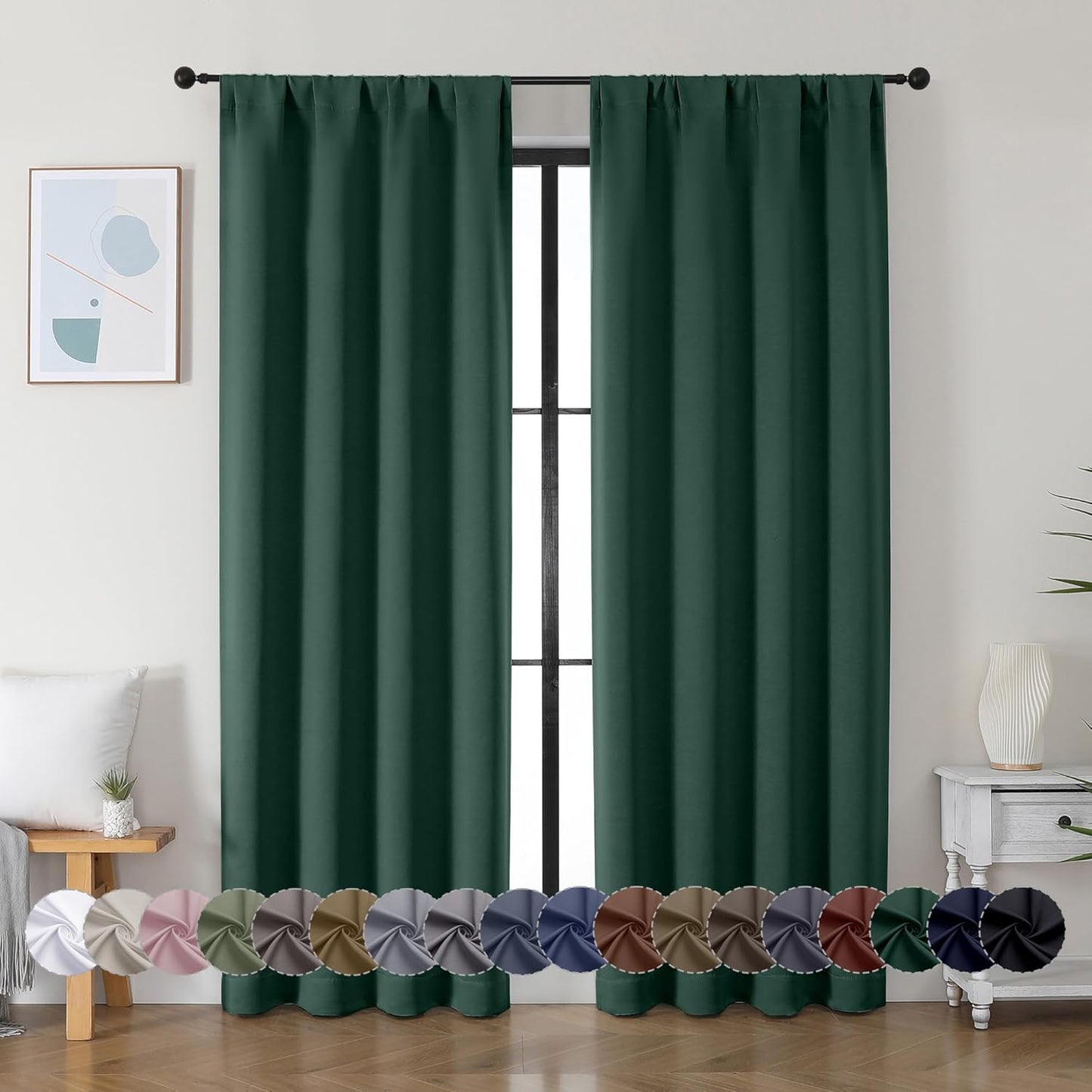 Simplebrand Ava Ever Green Blackout Curtains for Bedroom 84 Inch Length 2 Panels Set, Solid Thermal Insulated Privacy Living Room Window Treatment Curtains Blackout Drapes, W40 x L84 Inch, Ever Green