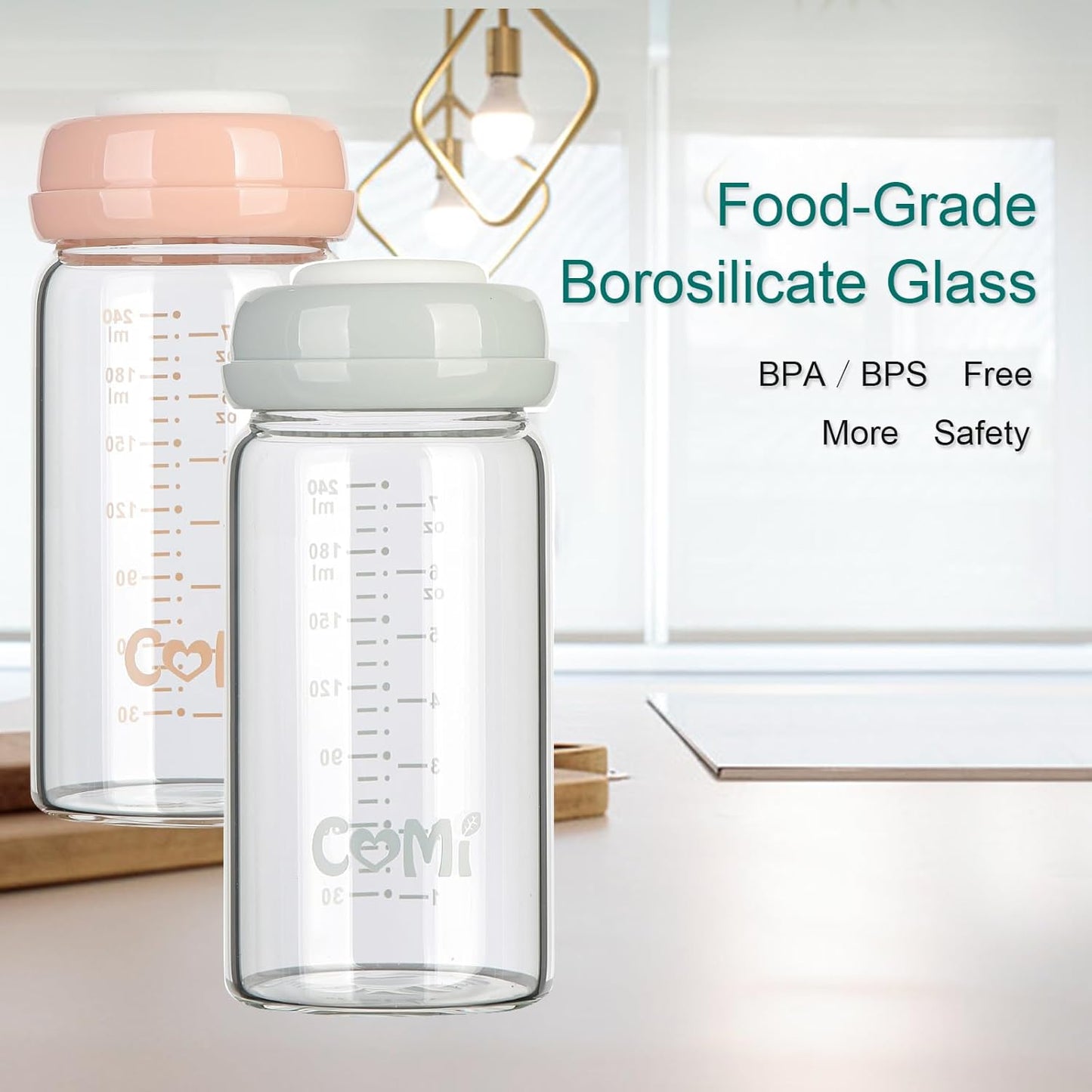 COMI Wide Neck Glass Breastmilk Collection n Storage Bottle, 8oz with Screw Ring Sealing Disk; Re-markable Sealing Disc. BPA Free, Fits Breast Pumps & Nipples (6 Pink Lids)