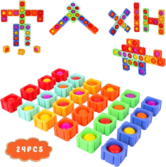 Pop Fidget Toys Bubble Sensory Toy Girl Boy 24Pcs Colorful Silicone Fidget Building Block Toy Set Autism Special Needs Stress Relief Kids Educational Dimple Fidget Packs Puzzle Toy Toddler Gift