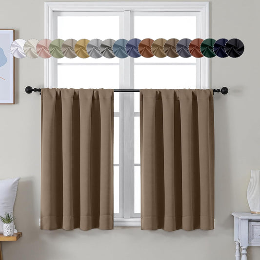 Simplebrand Ava Brown Short 36 Inches Blackout Curtain 2 Panels Set, Half Window Rod Pocket Privacy Curtain Tiers for Kitchen, Curtains Blackout for Bathroom Shades, W40 x L36 Inch, Brown