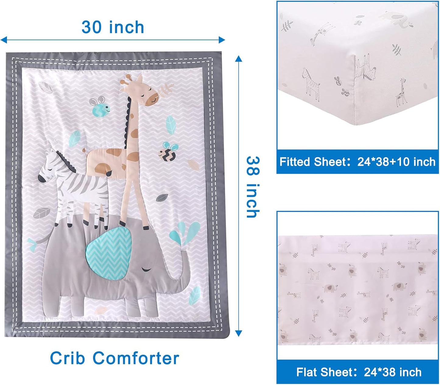 Wowelife Mini Crib Bedding Set Boy, 3 Piece Baby Bedding Set Nursery Bedding Set Elephant, Giraffe, Zebra Breathable Soft for Baby Boy with Comforter, Crib Fitted Sheet and Crib Skirt, Gray