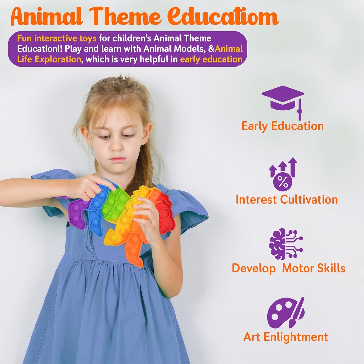 Animals Pop Fidget Toys Set, Silicone Rainbow Dinosaur Popper Fidget Set for Children, Sensory Squeeze Toys Stress Reliever Tool for Kids Adult ADHD Lion, Tiger, Horse and Duck 4 Pack