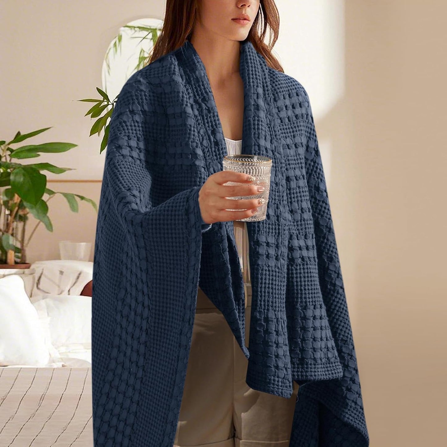 PHF 100% Cotton Waffle Weave Throw Blanket, Soft Lightweight Breathable Cozy Summer Throws for Couch Bed Sofa, Luxury Aesthetic Woven Blanket for Home Decor & Office, 50"x60", Dark Navy