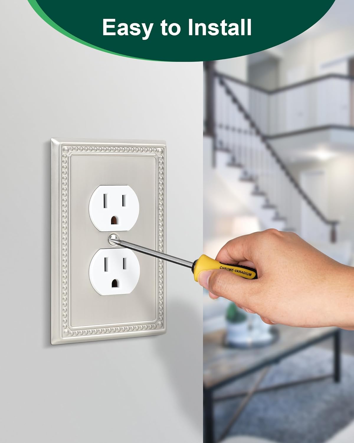 6-Pack Duplex Outlet Cover Plate, Metal Wall Plates for Electrical Outlets, Brushed Nickel 1 Gang Receptacle Cover, Pearls Decorative Switch Plates and Outlet Covers