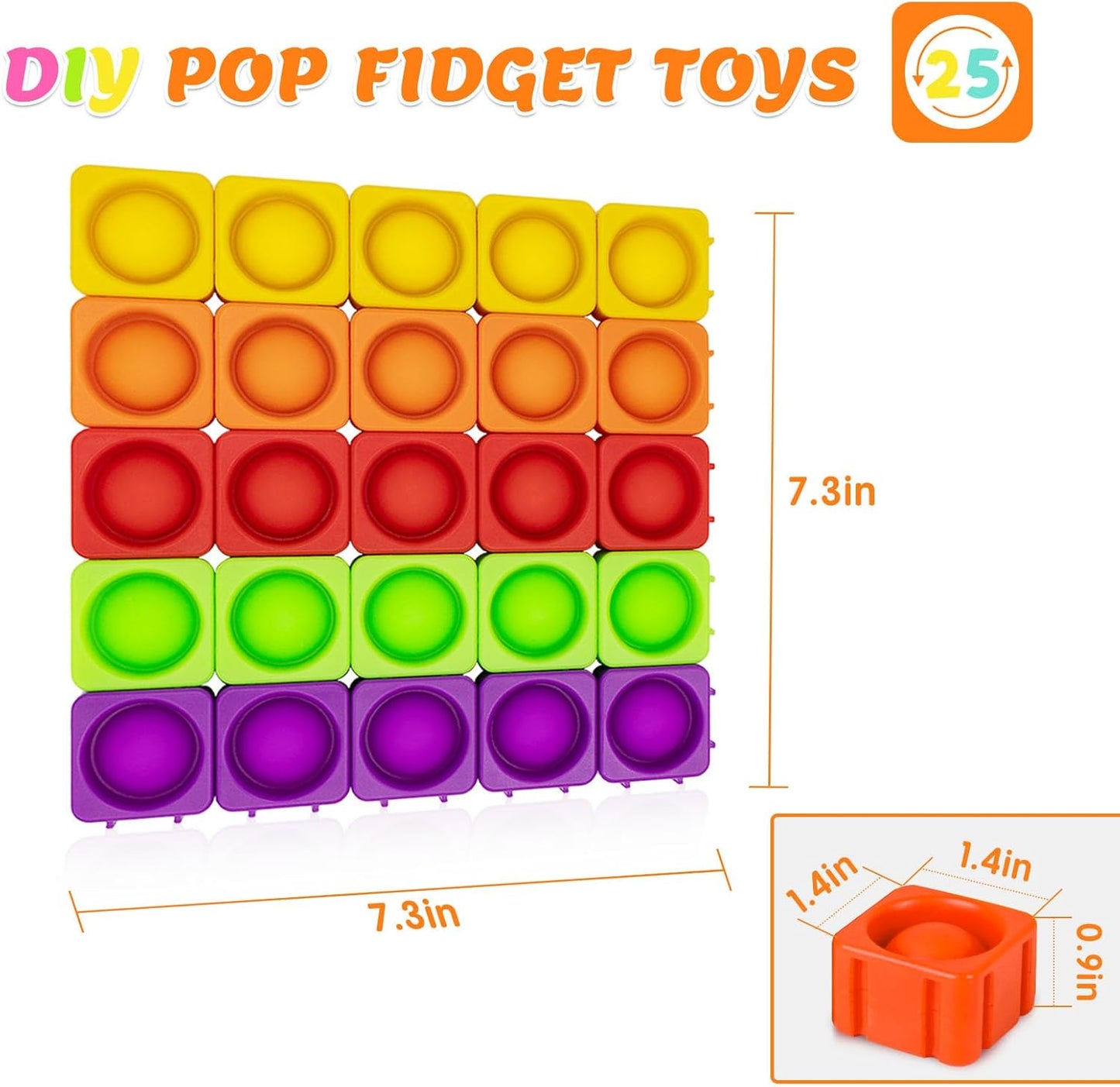 25Pcs Sensory Fidget Blocks, Kids CVC Learning Infinity Cube Bubble Toy, Pops-Its-Fidgets for Classroom Educational Stress Relief Building Block, Pop-Sensory Toys for Children Adults Autistic, Rainbow