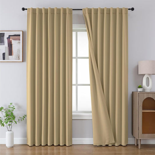 Joydeco Blackout Curtains 108 Inches Long, Thermal Insulated Black Out Curtains 2 Panels Set, Room Darkening Drapes for Living Room Window Rod Pocket Back Tab (W52 x L108 Inch, Beige)