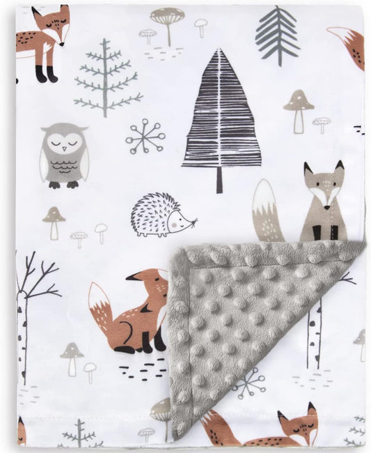 HOMRITAR Baby Blanket for Boys Girls Soft Plush Minky Blanket with Double Layer Dotted Backing for Toddler with Forest Foxes Multicolor Printed 30 x 40 Inch (75 x 100 cm)