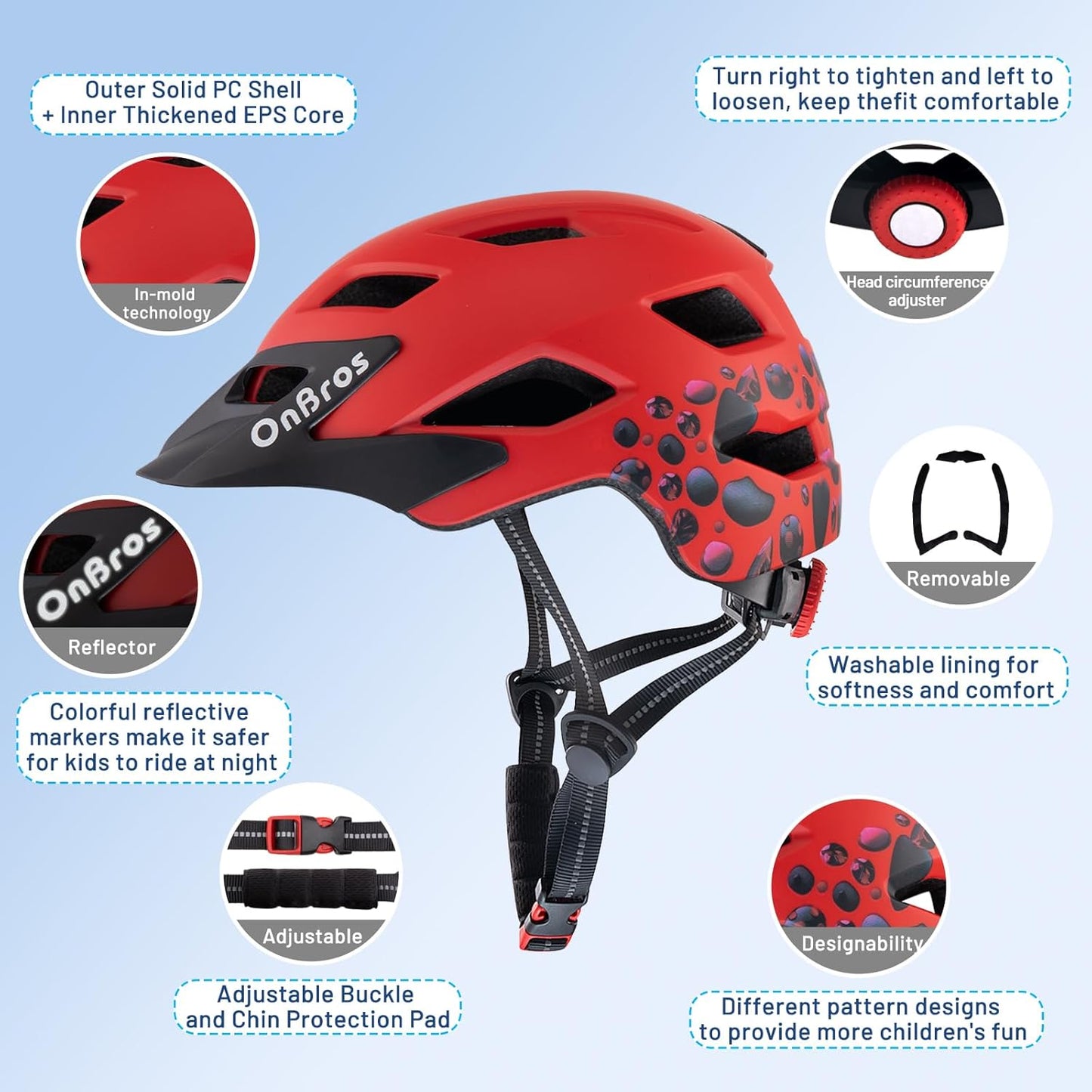 OnBros Kids Bike Helmet - Bike Helmets for 5-14 Boys or Girls with Visor, Children Bicycle Helmet for Skateboard Mountain Scooter Road Cycling, Lightweight and Adjustable 50-57CM