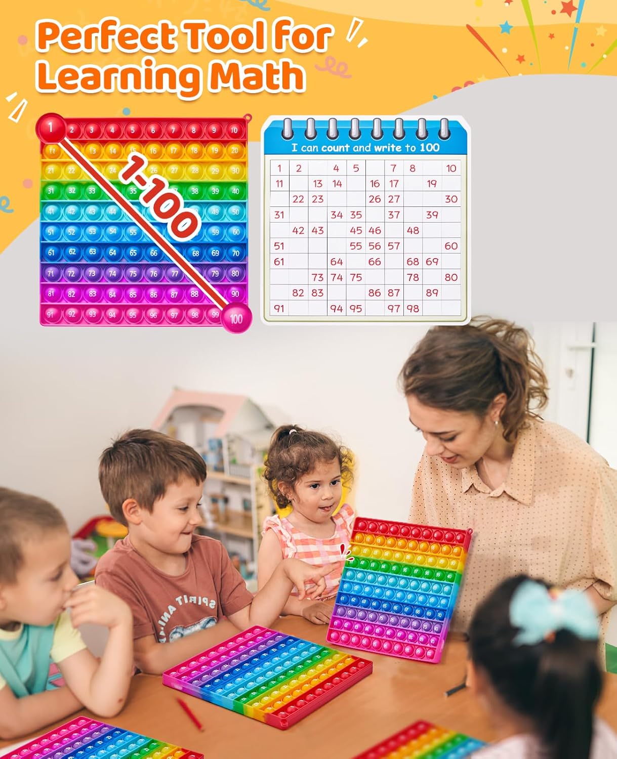 7.8in Pop Math Fidget Toys, Rainbow Square Counting Toy 100 Bubbles Stress Relieving Fidget Game for Teachers to Create Kinds of Math Manipulatives Games-with Numbers 1-100 Tables