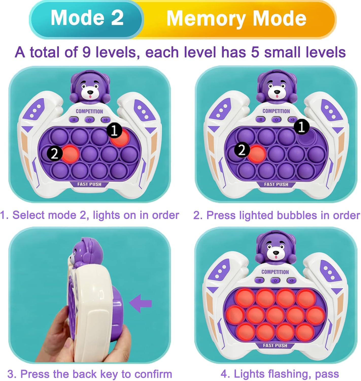 Pop Quick Push Game Console Fidget Toys Light Up Handheld Puzzle Press Popping Toy for Kids Adult Purple Bear