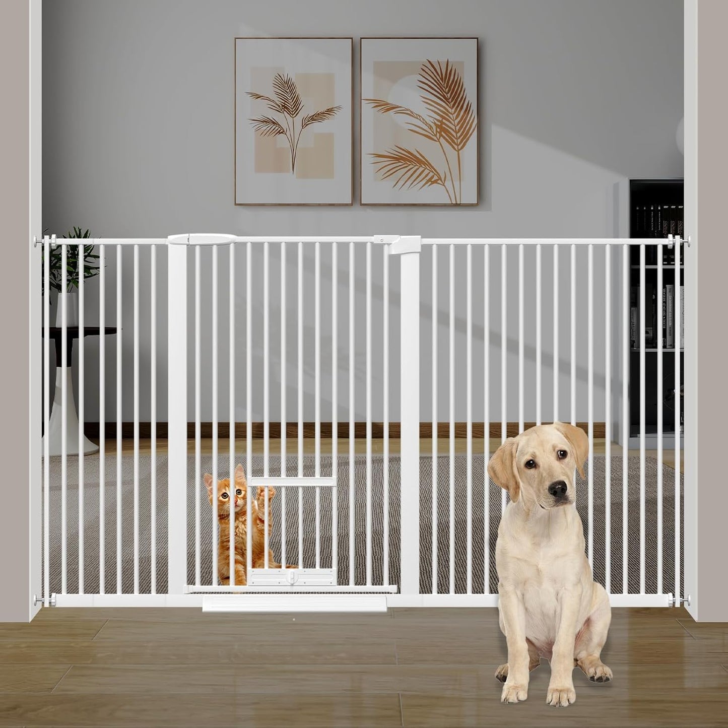 40.55" Tall 1.37" Ultra Narrow Spacing 57.68-73.43" Extra Wide Dogs Pets Baby Gate with Cat Door for Doorway Safety Proof Indoor Puppy Pressure Mounted No Drill White Black Metal Hallway