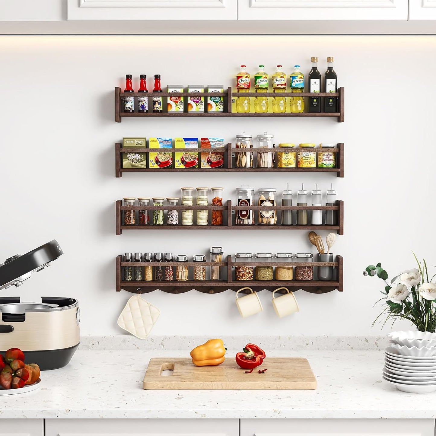 34Inch Nursery Bookshelves,Set of 4,Wall Floating Shelf Kids Coat Rack with 6Hooks,Hanging Book Shelf for Baby Nursery Room Décor (Dark Brown, 34)