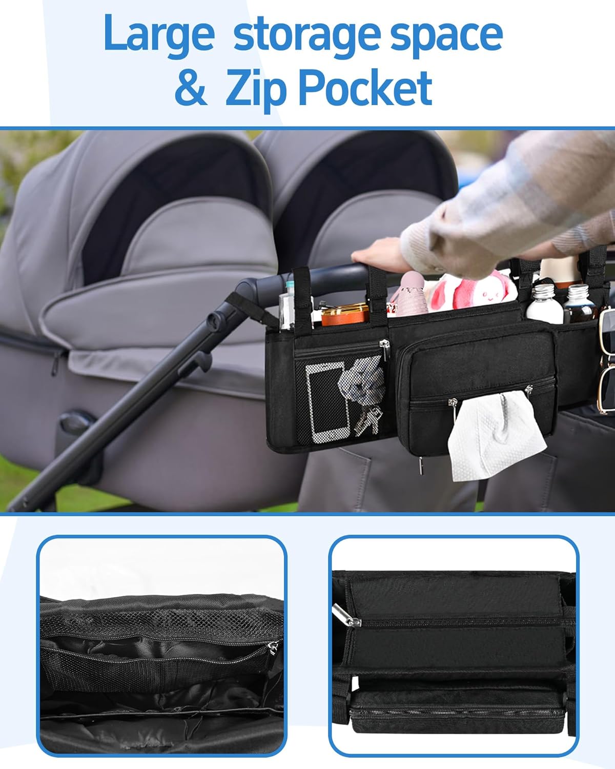 Double Stroller Organizer Compabitle for BOB Duallie and Baby Jogger City Mini GT2 with Cooler Bags, Compabitle for Baby Jogger Parent Console Double Stroller Organizer