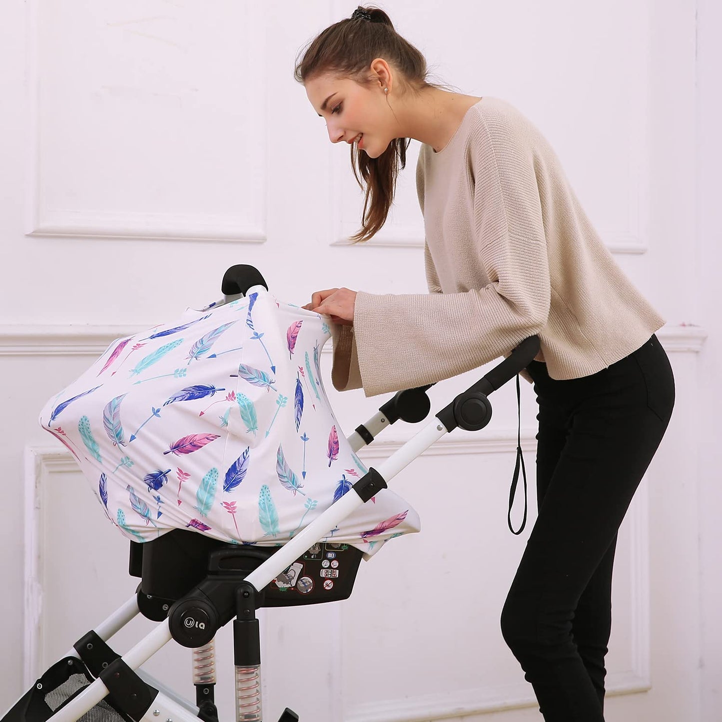 Carseat Canopy Covers for Breastfeeding - Baby Car Seat Covers Breastfeeding Cover Multi Use Boys and Girls Shower Gifts (Feather)