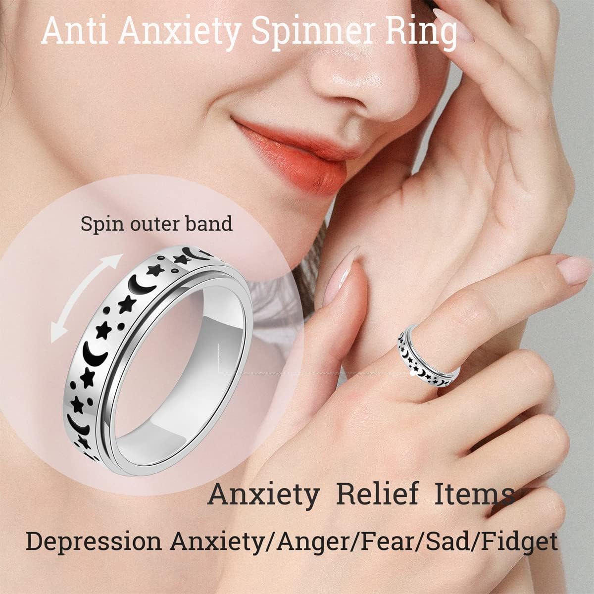OreilleStar Anxiety Ring for Women Fidget Ring Stainless Steel Fidget Toys Adults Spinner Ring Silver Moon Star Fidgit Band Ring