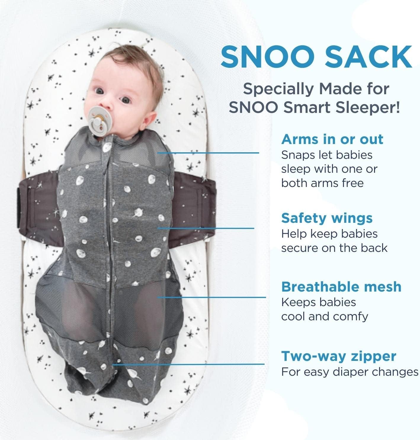 Happiest Baby SNOO Sleep Sack - 100% Organic Cotton Baby Swaddle Blanket - Doctor Designed Promotes Healthy Hip Development (White, Large)