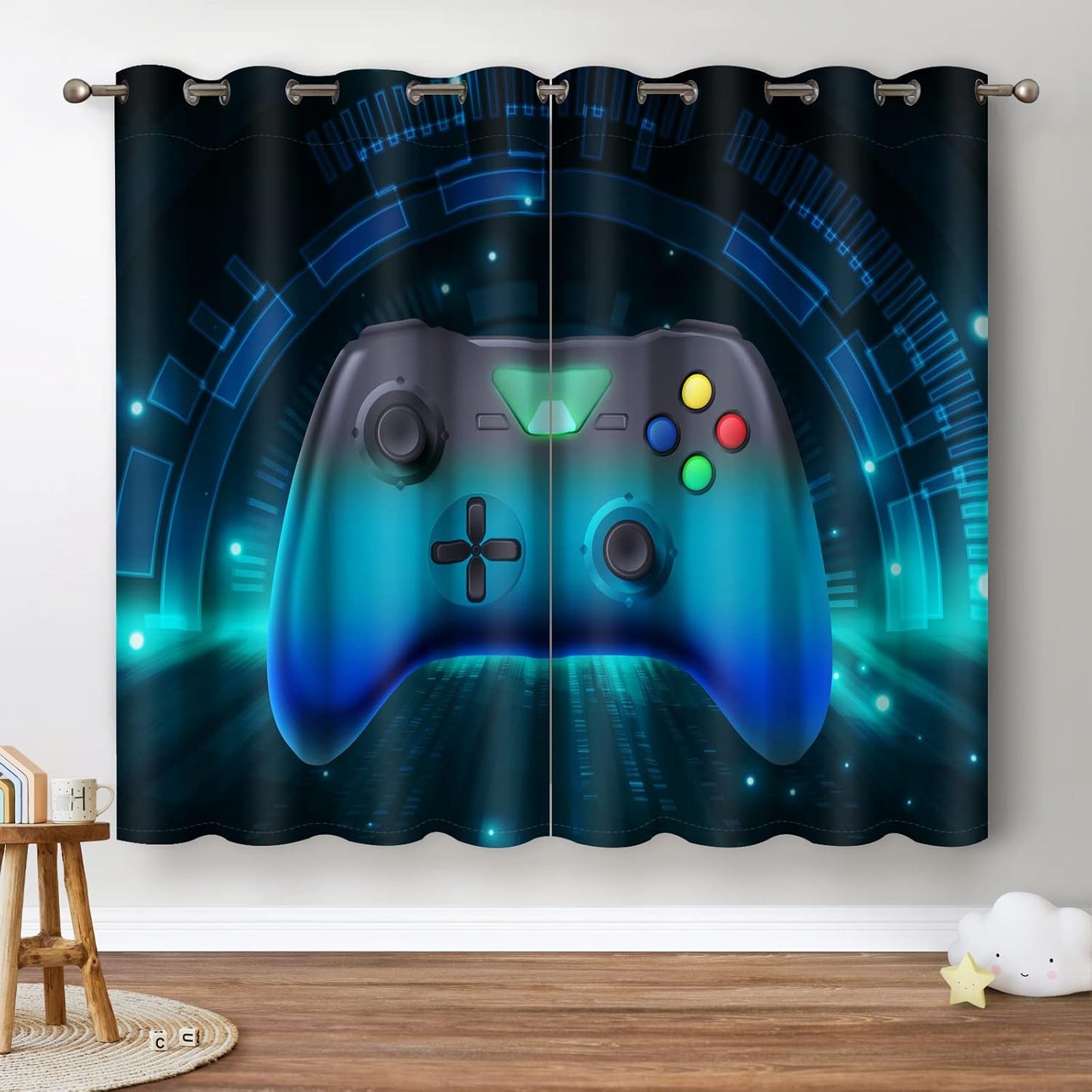 Jekeno Game Controller Blackout Curtains for Kids Boys Teens Bedroom Colorful Video Game Gamer Gaming Gamepad Decor for Home Living Room Grommet Window Drapes 2 Panel Set, 52"x84"