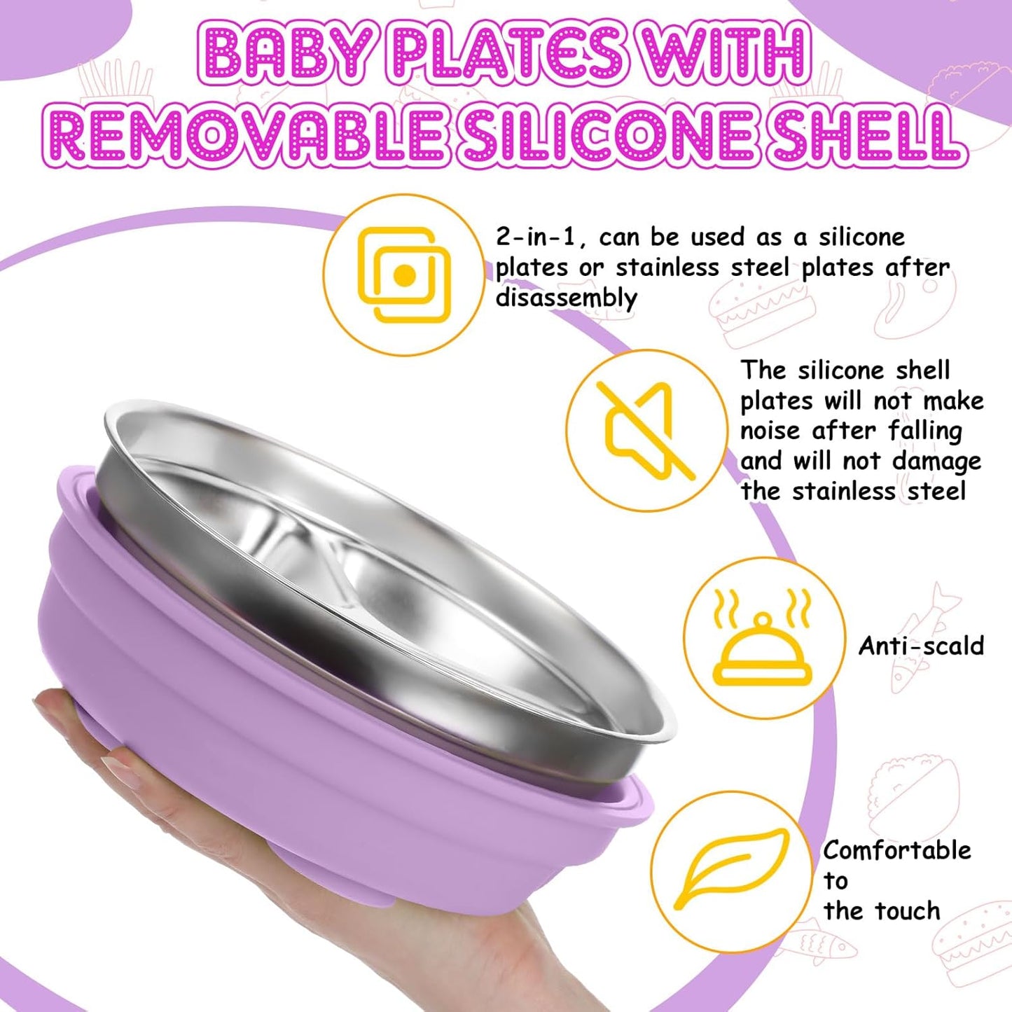 Nuogo 1 Pcs Stainless Steel Baby Suction Plates with Removable Silicone Shell 2-in-1 Metal Toddler Bowl Divided for Picky Eaters Kid Feeding Led Weaning Supply, Dishwasher Safe (Purple)