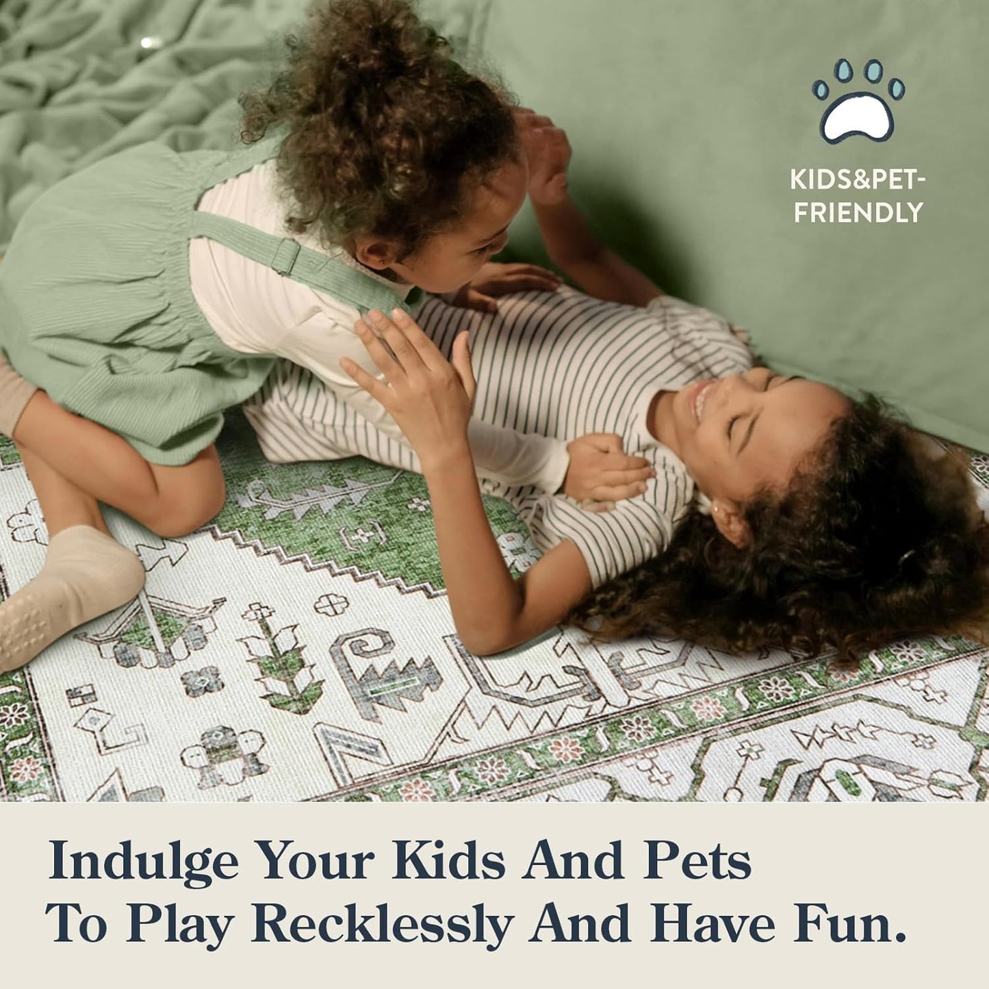 Lahome Boho Green Hallway Runner - 2x6 Washable Kitchen Runner Rug Non-Slip, Ultra-Thin Vintage Print Carpet Rug for Entryway Bedroom Laundry Room (Green, 2'x6')