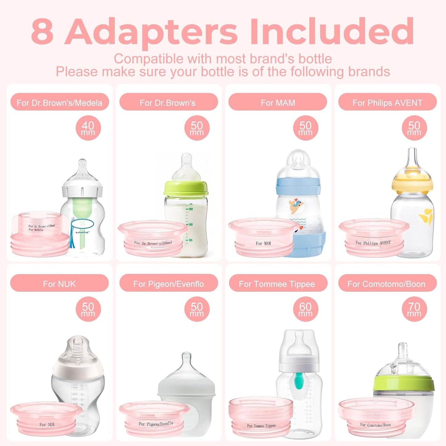 Portable Cordless Baby Bottle Warmer for Travel, Rechargeable with 8 Adapters & 1 Milk Powder Container, Safe Material, Fast Heating, Compatible with Major Brands,Pink