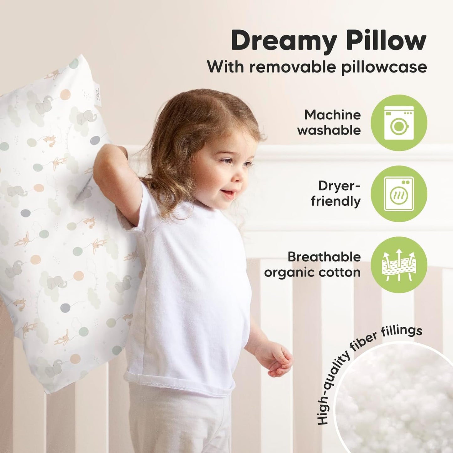 KeaBabies Toddler Pillow with Pillowcase, Jumbo 14X20 - Soft Organic Cotton Toddler Pillows for Sleeping - Machine Washable - Perfect for Travel, Toddler Bed Set (Escapade)