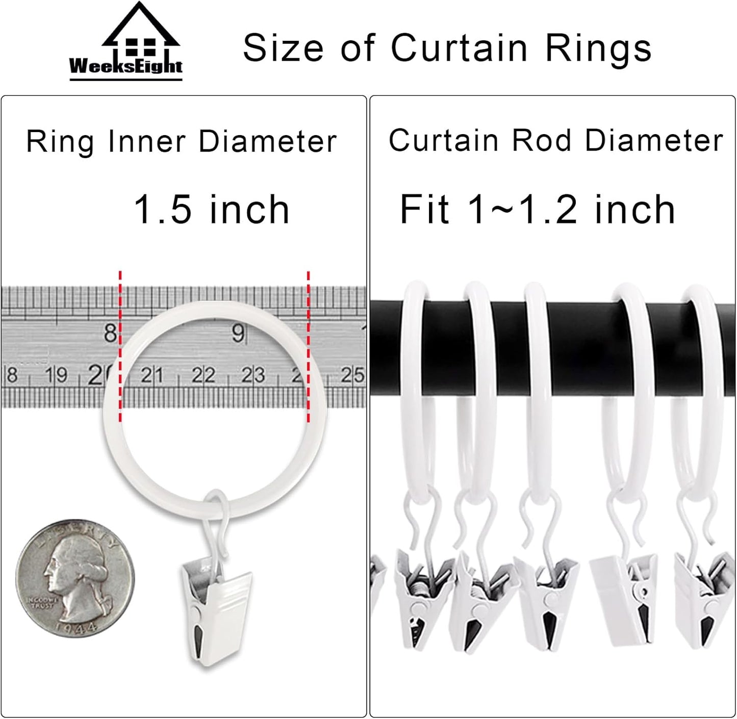 100 Pack White Curtain Rings with Clips, Curtain Hooks Hangers Clip Rings for Hanging Drapes Bows Hat, Drapery Rings 1.5 in I D, Fits up to 1.2 in Diameter Curtain Rod.