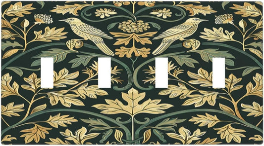 Light Switch Covers William Morris Vintage Botanical Birds Golden Green Leaves Quad Toggle Electrical Faceplate 4 Gang Wall Plate Decorative Switch Plates for Bedroom Home Decor