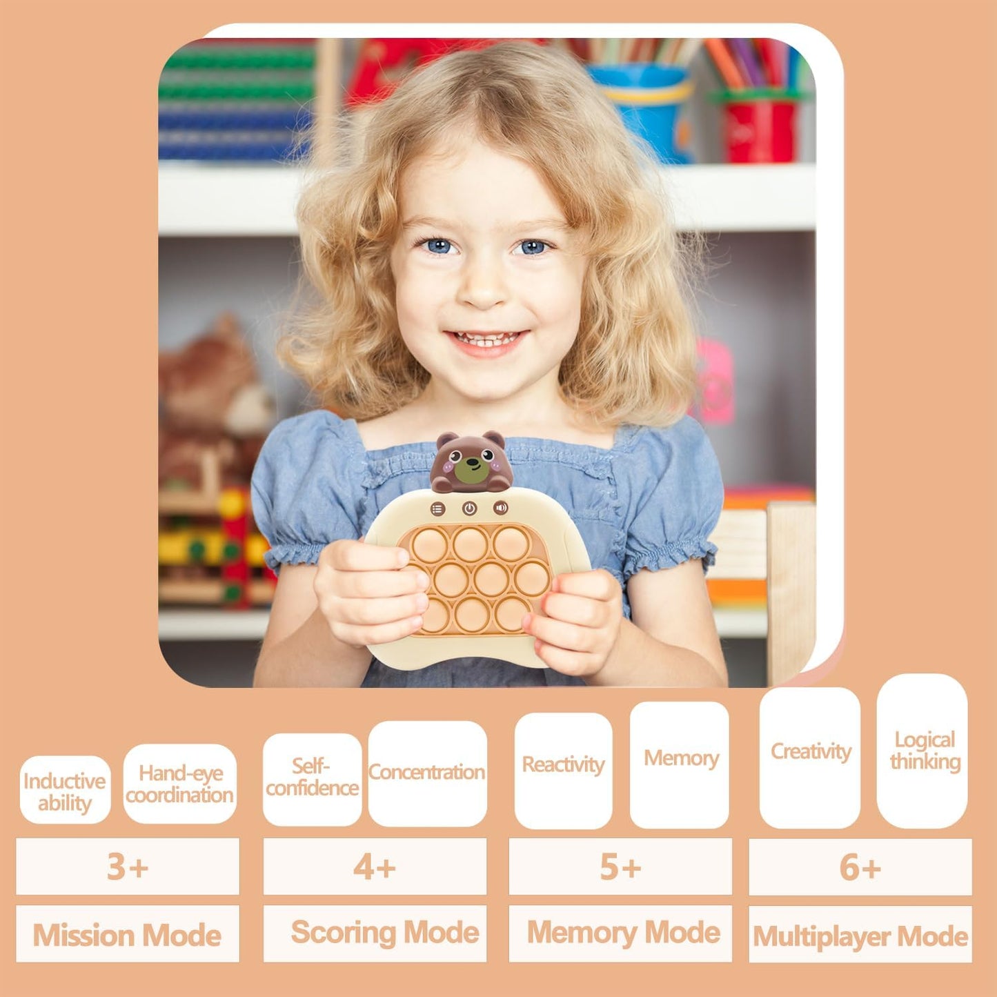 Quick Push Pop Game Fidget Toys Pro for Kids Adults, Handheld Puzzle Game Machine, Squeeze Poppet Sensory Fast Push Bubble Toy,Party Game,Birthday Gitfs Bear