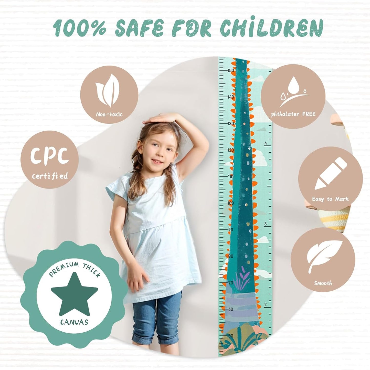 Personalized Name Growth Chart for Kids, Cute Dinosaur Baby Height Chart, Canvas Height Measuring Rulers for Boys Girls, Nursery Decor Baby Boy Girl Growth Ruler Measuring Board