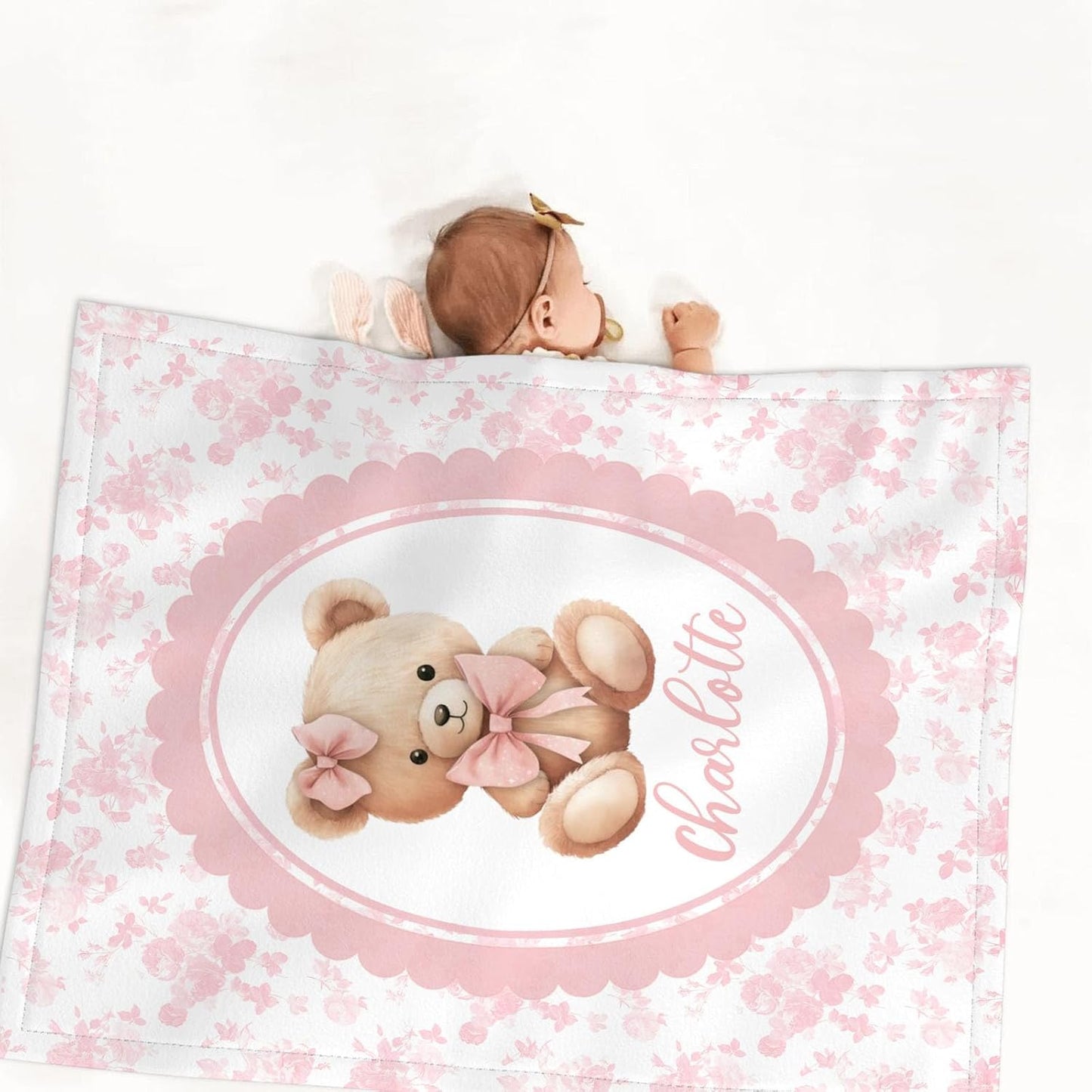 Custom Name Baby Girl Crib Bedding Set – Personalized 3-Piece Bear with Pink Bow Nursery Set with Soft Blanket, Fitted Crib Sheet & Pillowcase – Infant Toddler Bedding Gift for Newborn
