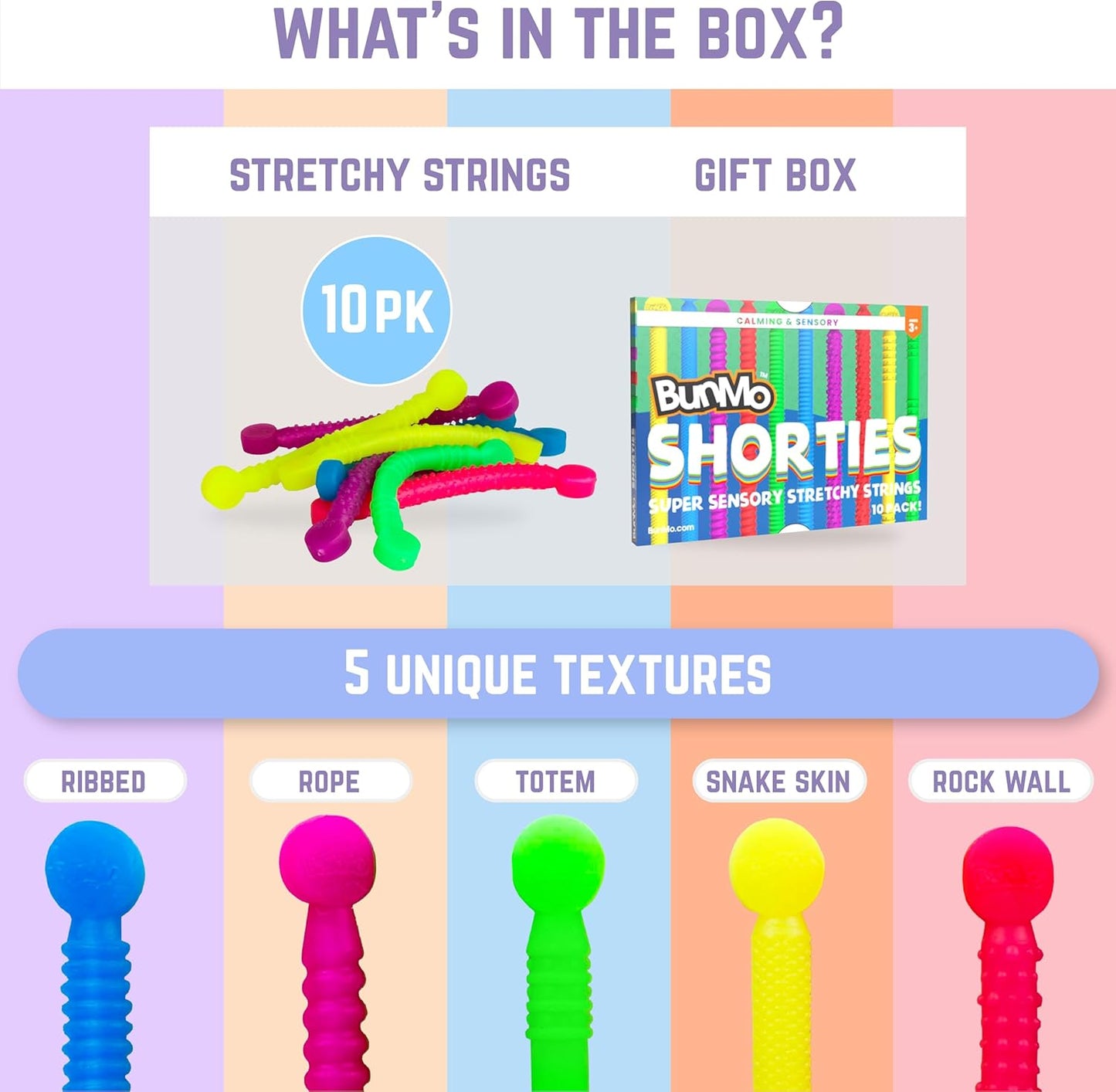 BUNMO Stretchy Strings - Sensory Toys for Toddlers 1-3 - Stimulating & Addictive Sensory Toys for Kids with Autism - Fidget Toy for Anxiety & Stress Relief - Hours of Fun for Kids - Mini Sensory 10pk