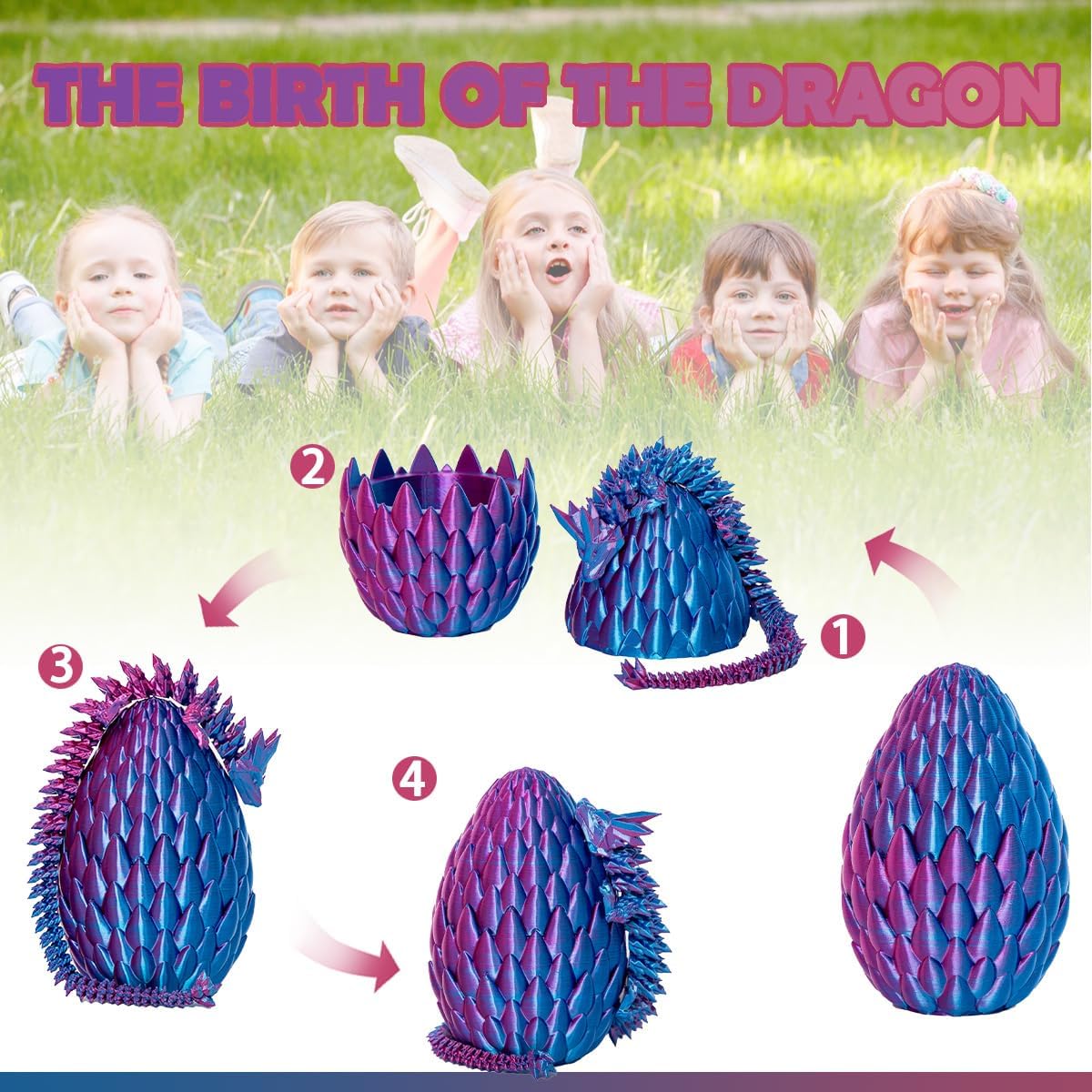 Dragon Eggs with Dragon Inside, 12In Laser Purple 3D Printed Dragon Egg Fidget Toy, Executive Desk Articulated Dragon Toy, Home Office Decor