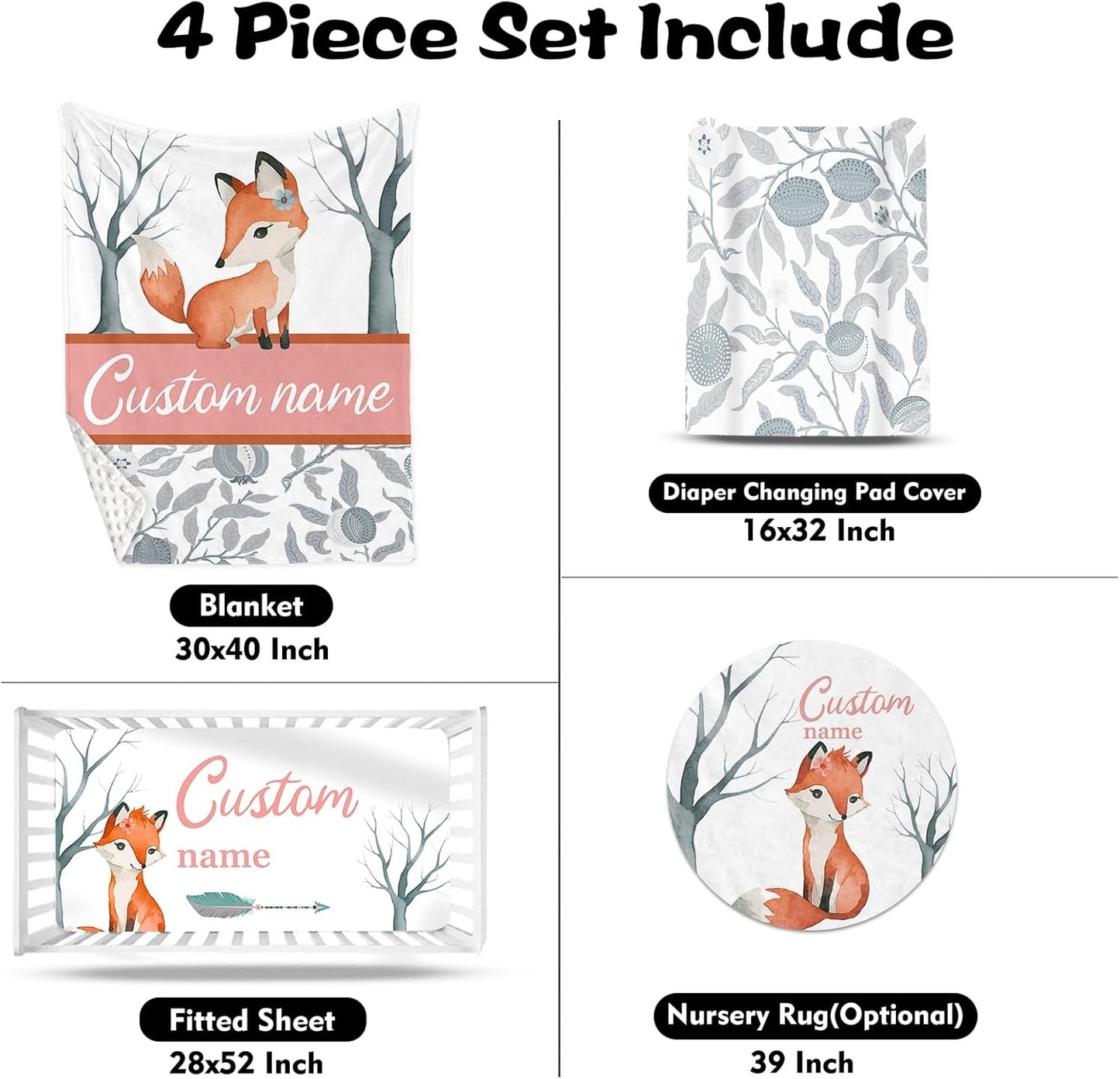 Custom Nursery Crib Bedding Set: Personalized Name 4 Piece Fox Pattern Baby Crib Sets for Girls - Toddler Double Layer Blanket Set, Comfortable Crib Bed Sheets for Baby Toddlers
