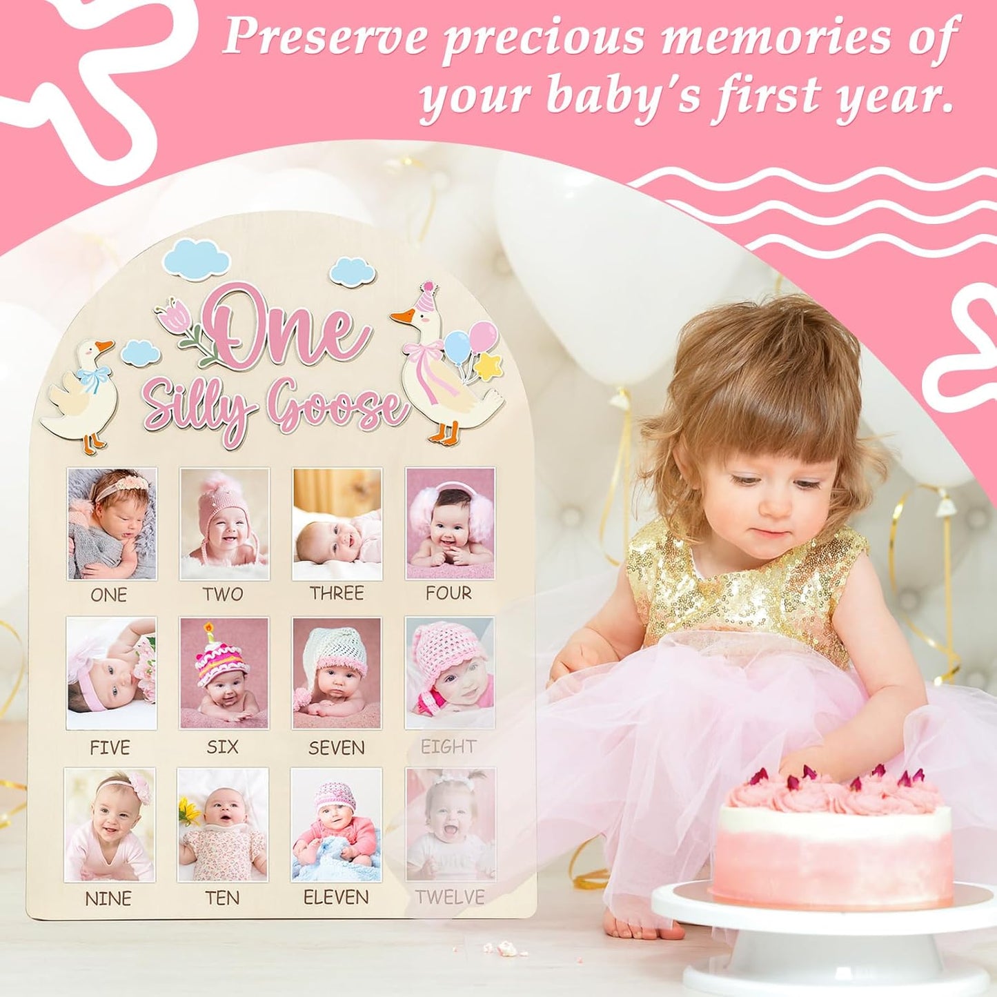 One Silly Goose Photo Board Goose Themed Birthday Party Wooden Board Decorations 12 Monthly Milestone Picture Frame One Year Old Wood Sign 1st Birthday Photo Banner for Baby Girls Keepsake Gift Supply