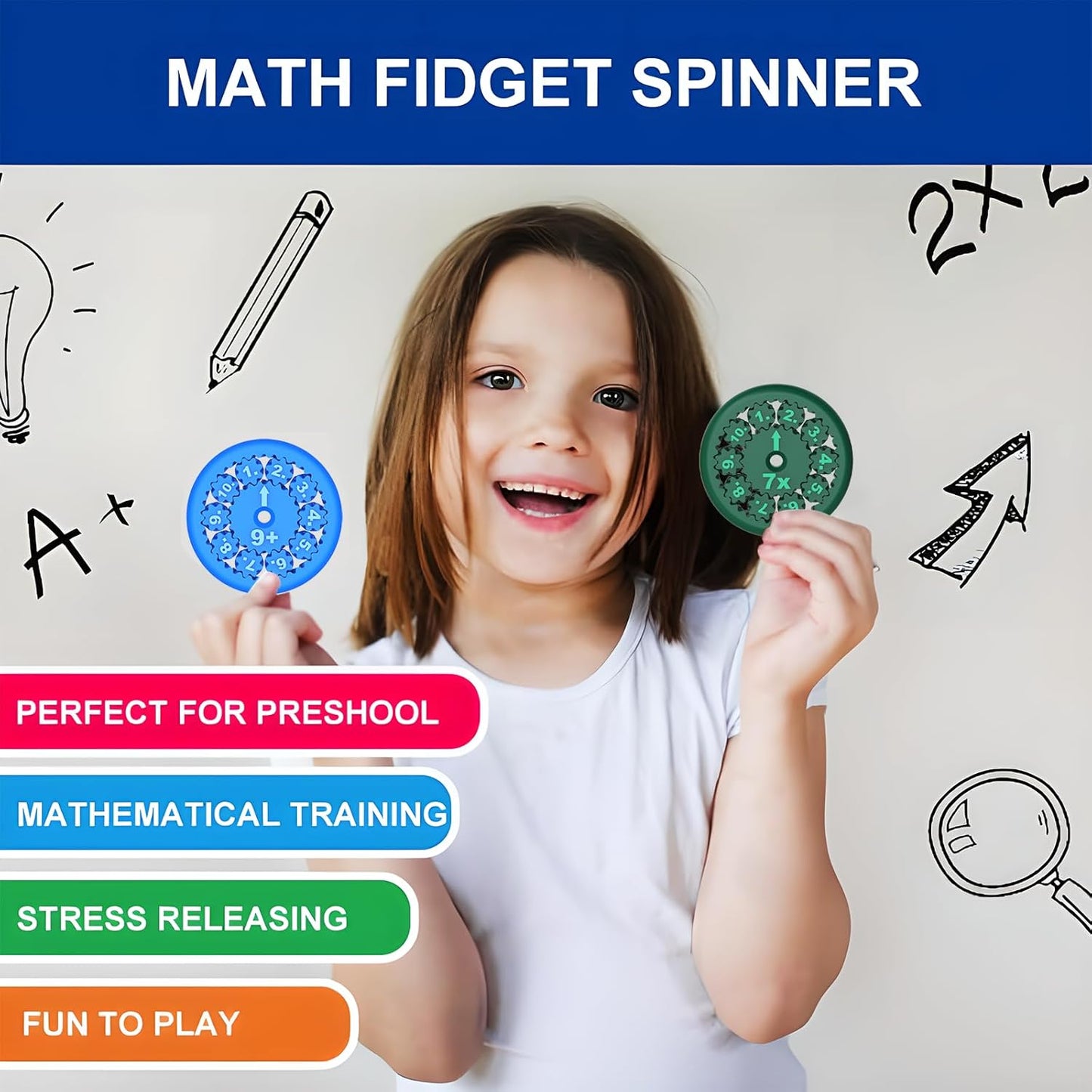 Math Fidget Spinners - 3D Printed, Educational Math Fact Fidget Spinner Toy - Learn Multiplication and Division - Perfect for Kids, Stimmers & Fidgeters (9pcs)